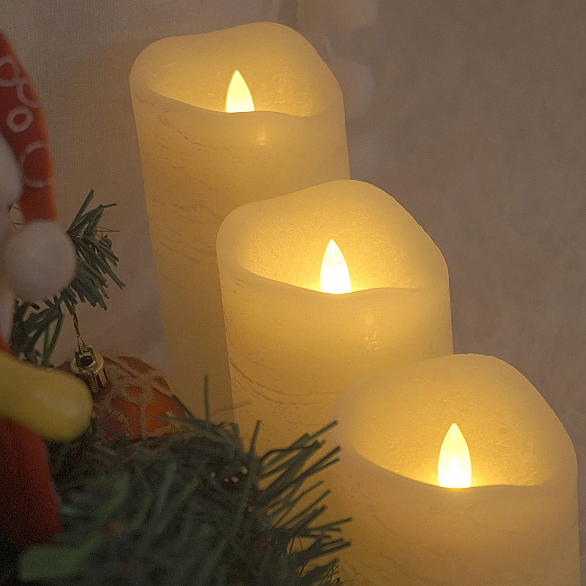 CANDLE CHOICE Battery Operated Flameless Candles with Timer Real Wax Realistic Flickering Electric LED Pillars Automatic Built-in Daily Cycle Timer 6-Hour on 18-Hour Off Set of 3 Rustic Texture Ivory