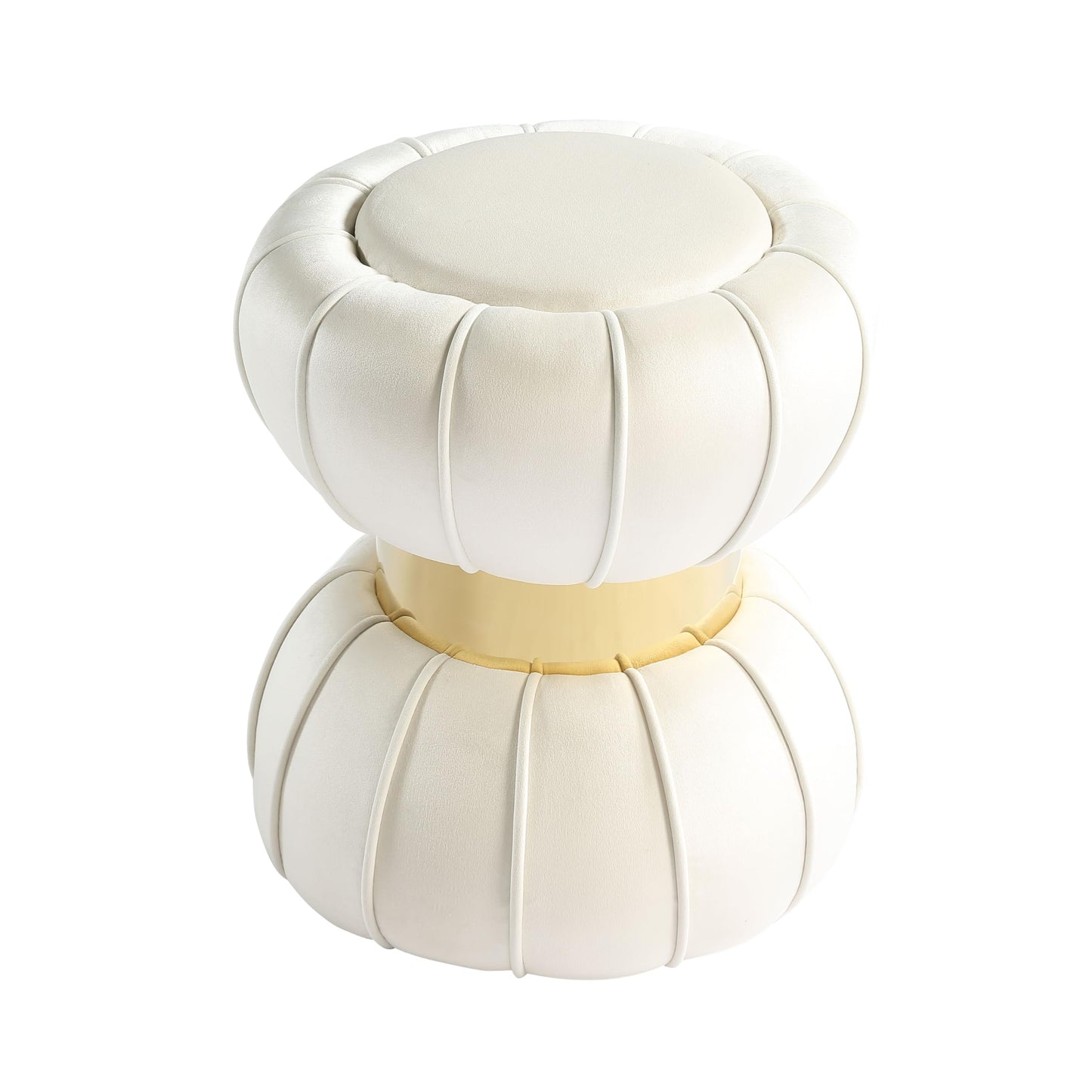 Furniture of America Magnus Modern 15-inch Upholstered Ottoman with Hourglass Shape and Stainless Steel Gold Trim, Vanity Stool Chair, Small Foot Stool for Bedroom, Living Room, Entryway, White