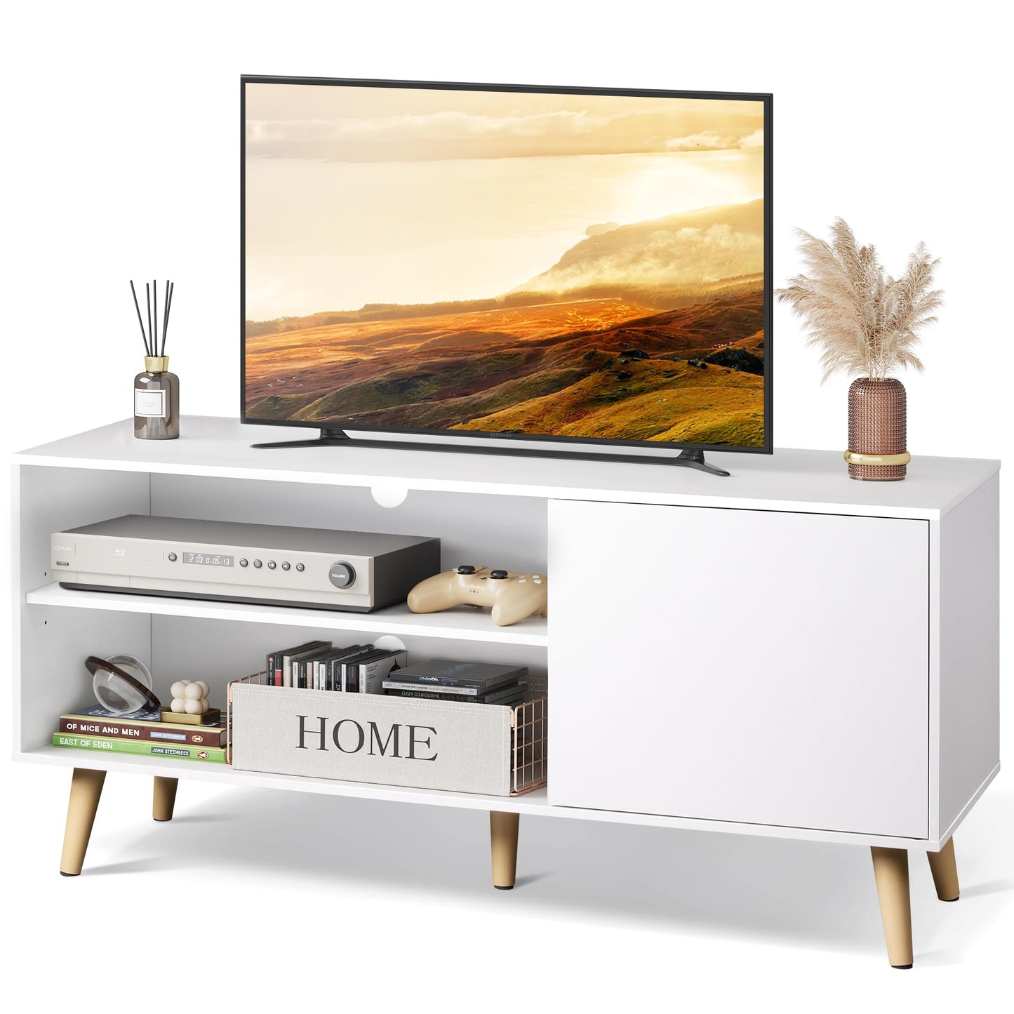 WLIVE TV Stand for 55 Inch TVs, Entertainment Center with Storage Cabinet, Mid-Century TV Stands for Living Room and Bedroom, 50" TV Console, White