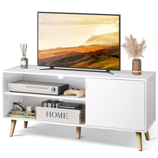 WLIVE TV Stand for 55 Inch TVs, Entertainment Center with Storage Cabinet, Mid-Century TV Stands for Living Room and Bedroom, 50" TV Console, White