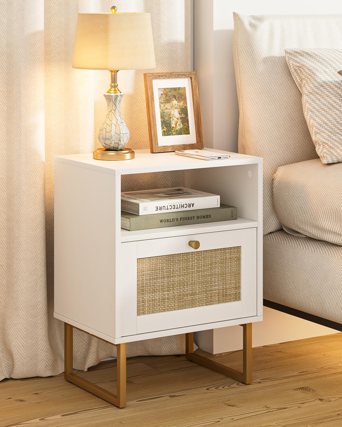 Apetaccat Rattan Nightstand, Boho Night Stand Farmhouse Wood Bedside Table with Storage and Open Shelf, End Side Accent Table for Bedroom,Living Room,White