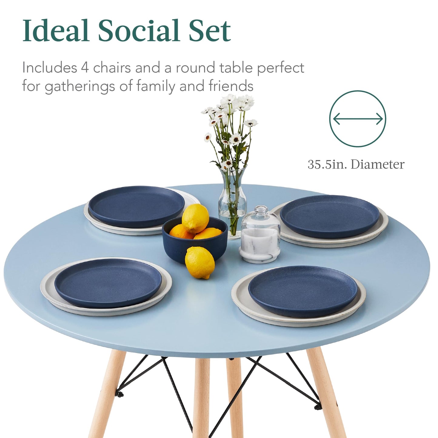 Best Choice Products 5-Piece Dining Set, Compact Mid-Century Modern Table & Chair Set for Home, Apartment w/ 4 Chairs, Plastic Seats, Wooden Legs, Metal Frame - Blue/Oak