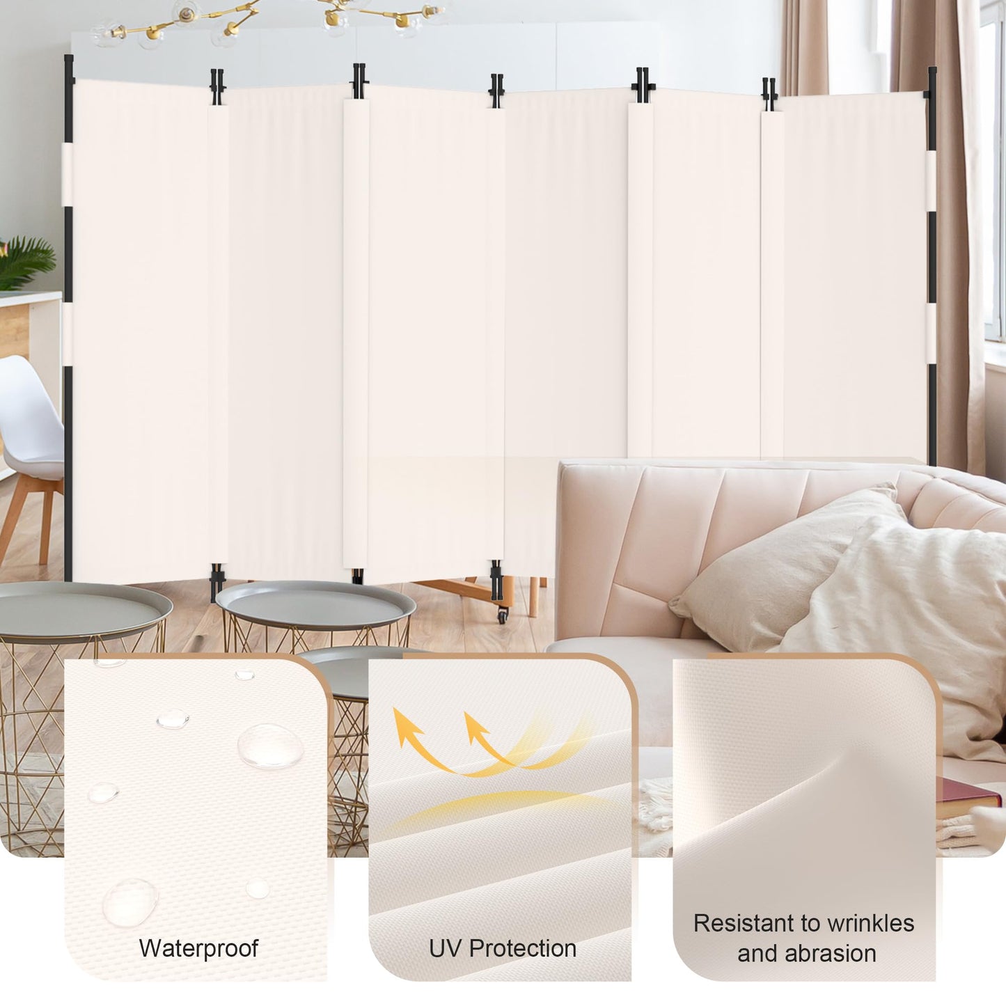 Phonjoroo Room Divider, 6 Panel Upgraded Folding Privacy Screen, 132” Highly Secretive Separation with 4 Metal Feet, Partition Screen, Lightweight Freestanding Wall Divider Bedroom (White)