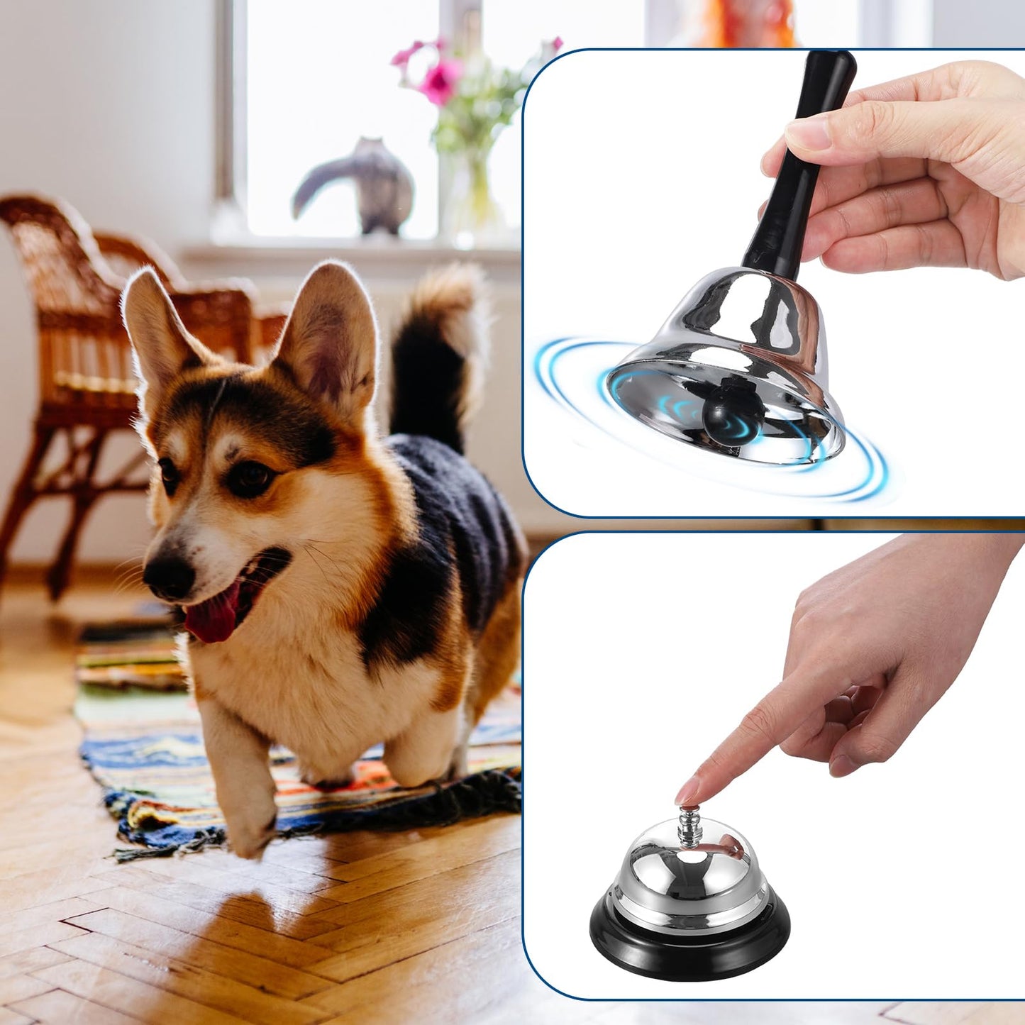 PullCrease 2 Pcs Call Bell and 2 Pcs Loud Hand Bell Classic Service Silver Steel for Hotels Schools Restaurants Desk Counter Reception Areas Home Office