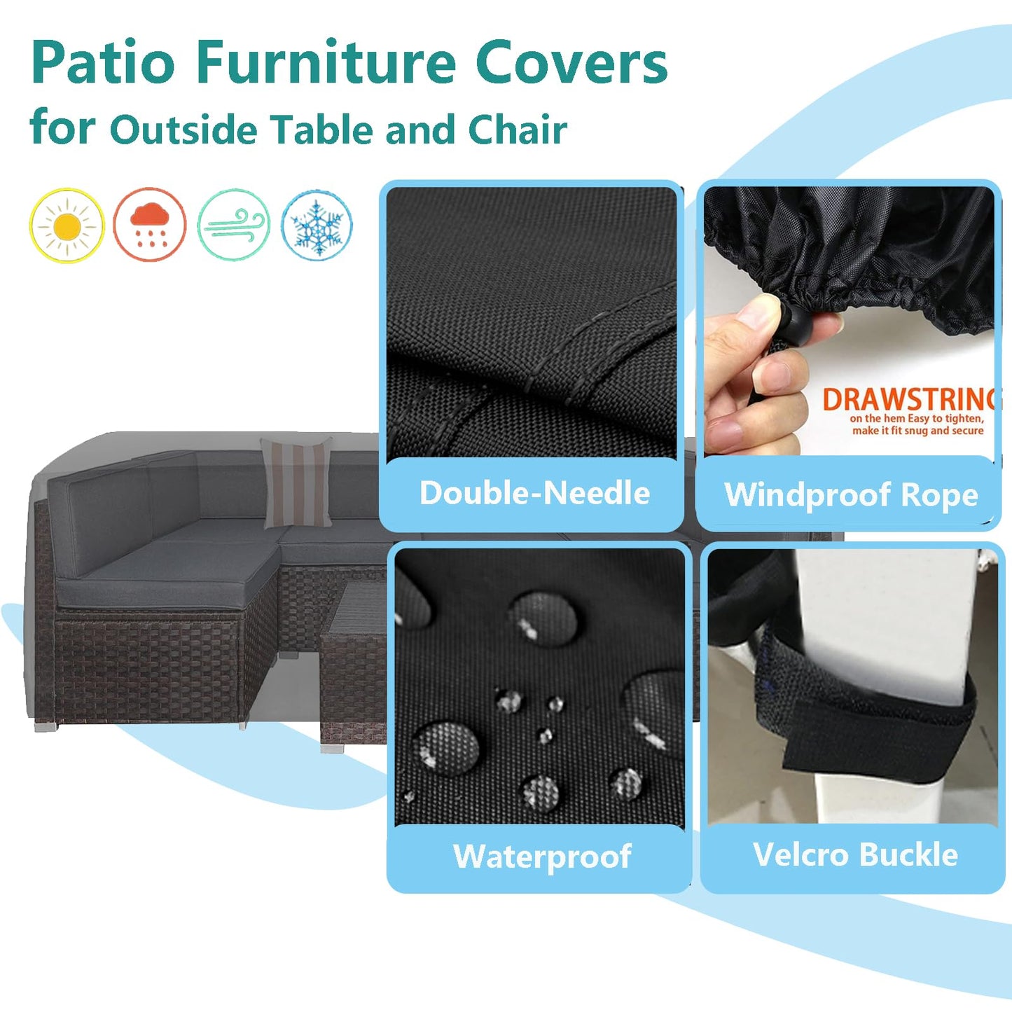 Patio Dining Table Sets Cover, Outdoor Dining Furniture Set Cover for Table with 6-8 Chairs, Patio Furniture Set Cover for 4-Piece Conversation Set, Waterproof and Windproof, 78" L× 62" W× 30" H