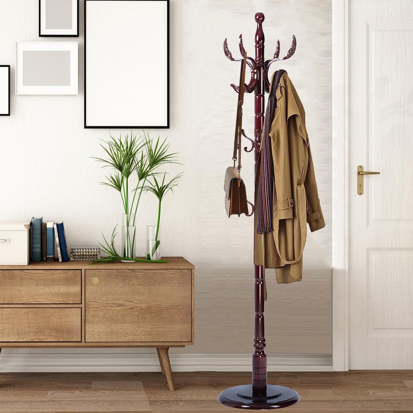 Sauqzoh Coat Racks Free Standing with 14 Hooks, Natural Wood Coat Stands for Entryway, Adjustable Height 72 in Tree Coat Rack Stand for Hallway Home Office Bedroom (Mahogany Phoenix)
