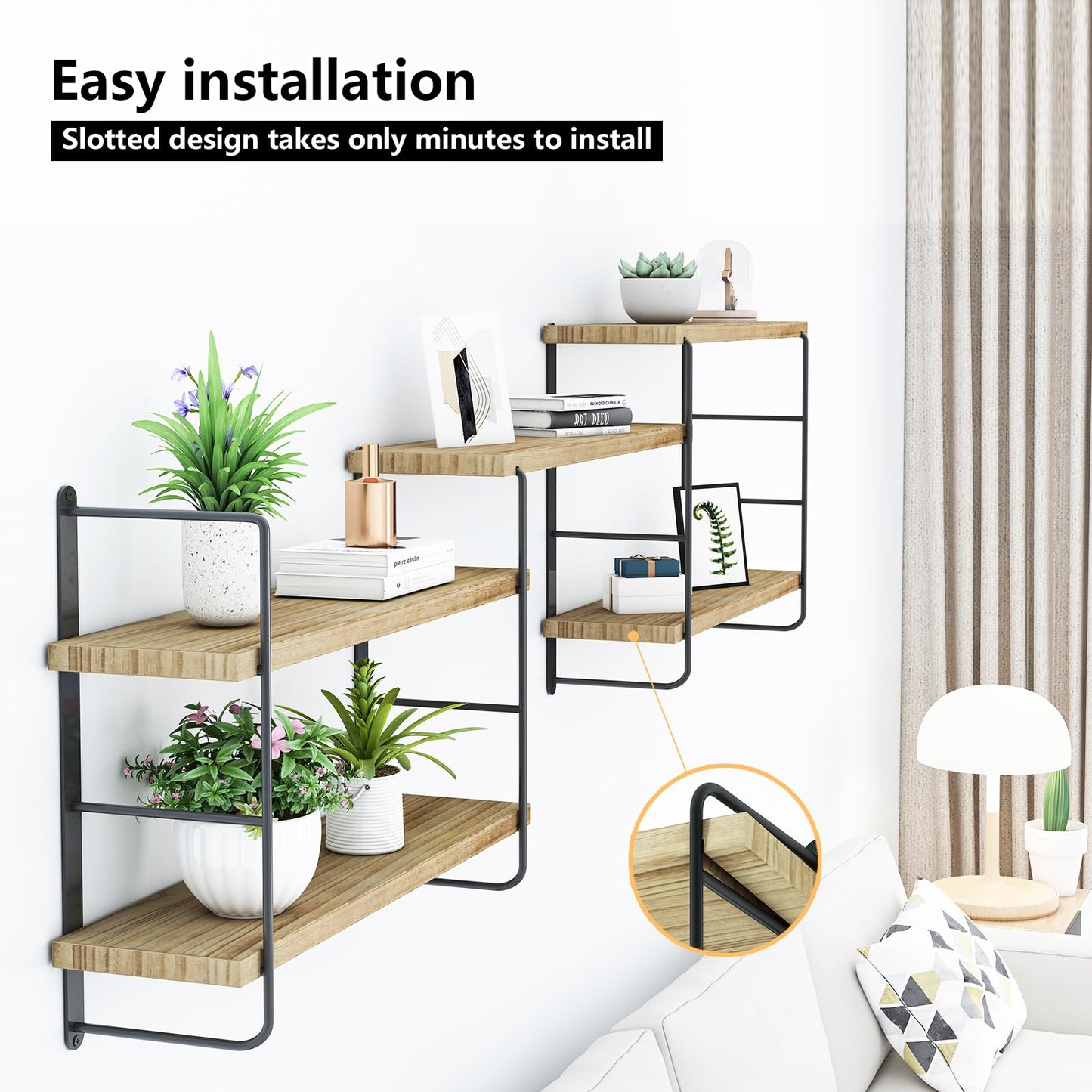 MXCSE Wall Shelves, Wall Mounted Floating Bookshelves, DIY Wood Hanging Shelves for Bedroom, Living Room, Easy Installation, 5 Shelves (Wooden, 50W x 17H)