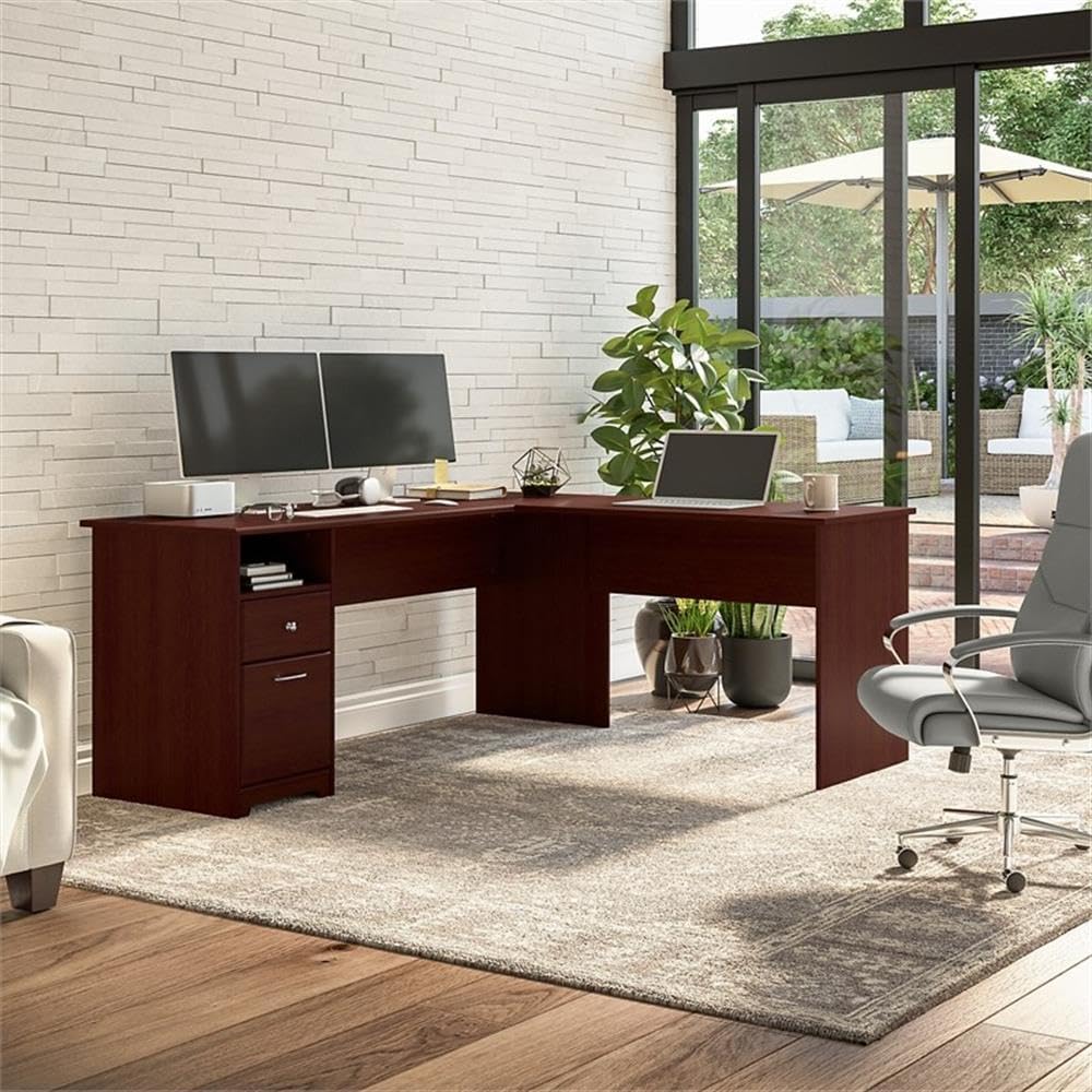 Bush Home Cabot 72W L Shaped Computer Desk with Drawers in Harvest Cherry