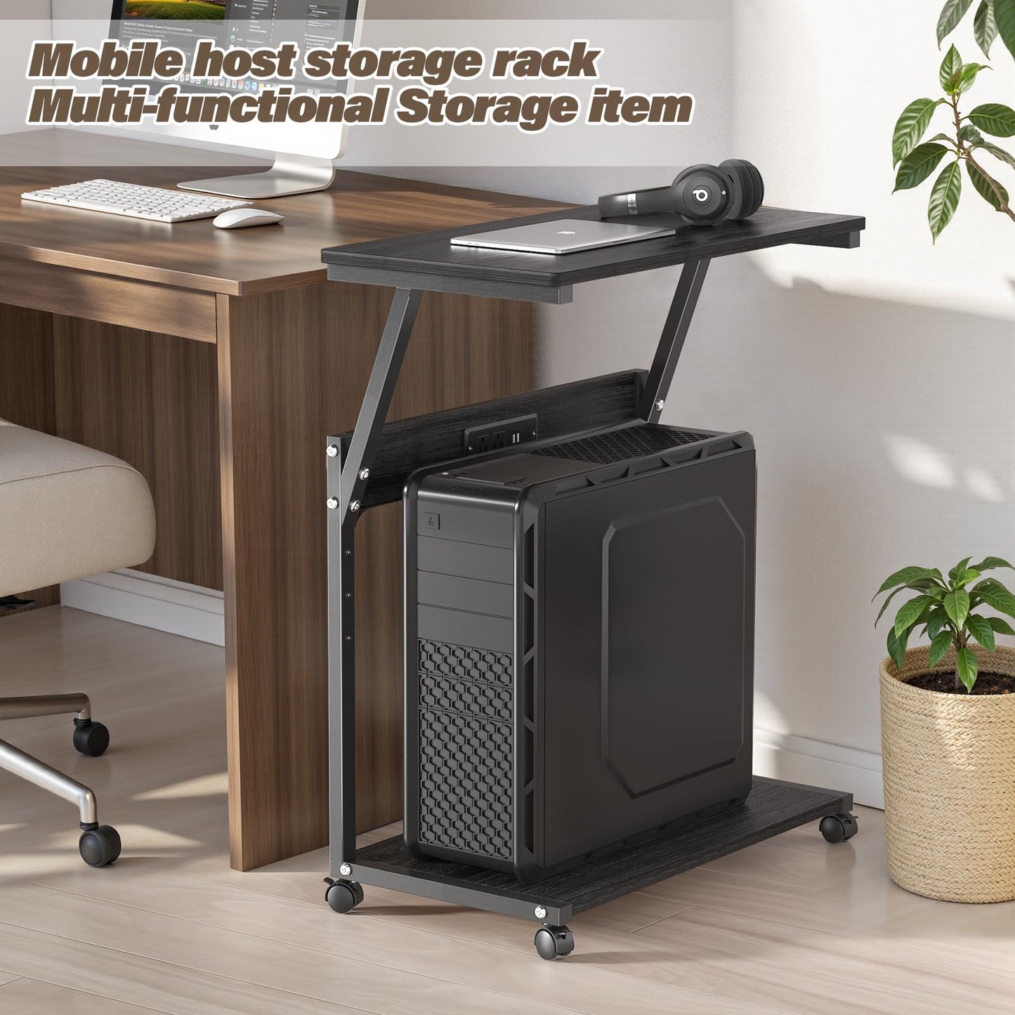 FANXIYQ Computer Tower Stand with 360° Locking Casters, 5 Height Adjustable Mobile CPU Cart, Under Desk PC Holder for Gaming Desktop, Home Office Organization, Black