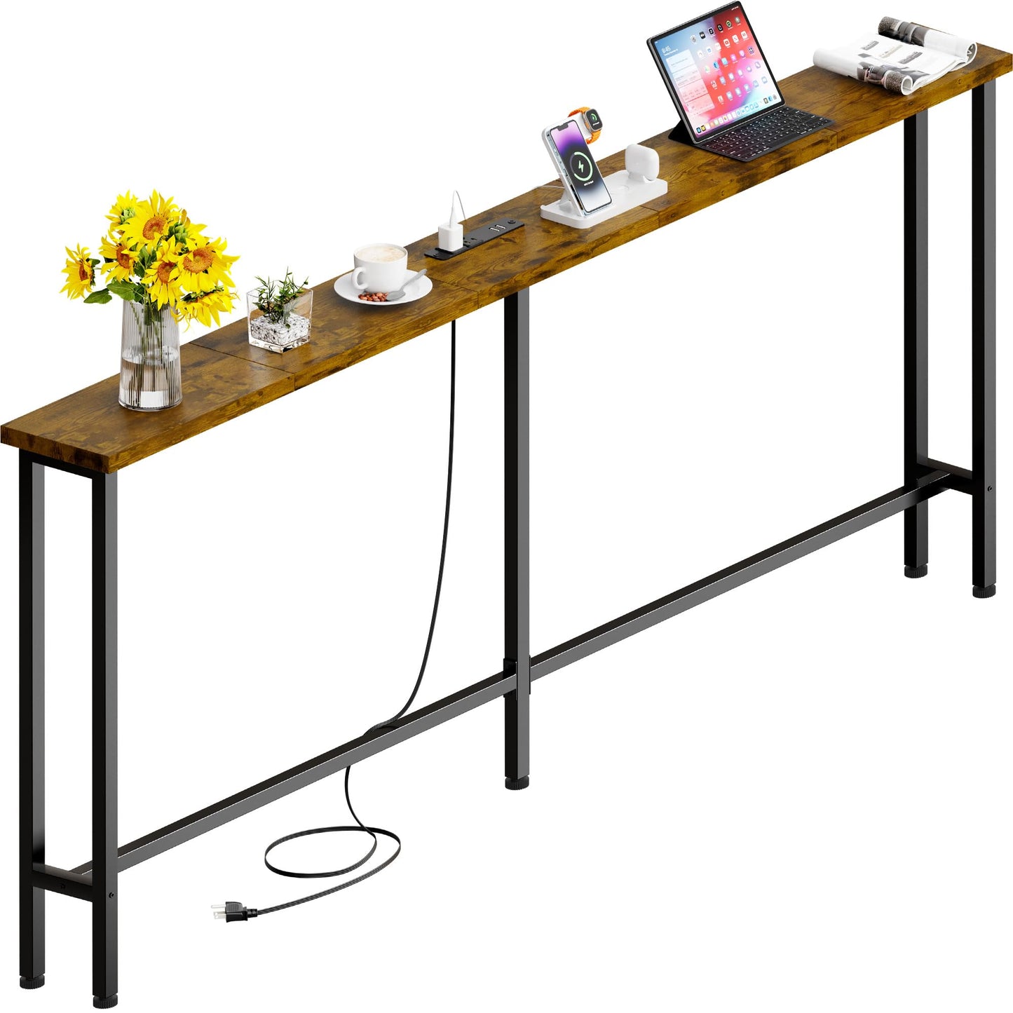 GRLEAF 70" Sofa Table with Built-in Power Strip (2 AC Outlets & 2 USB Ports) – 4.9ft Power Cord, Metal Frame, Easy Assembly, Long Couch Table Behind Sofa, Living Room and Home Office | Rustic Brown