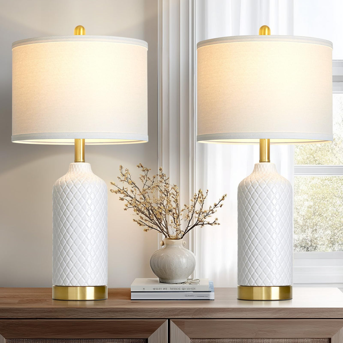 luxeflow 26“ White Ceramic Table Lamps for Living Room, Modern Ceramic Lamps Set of 2, Tall Bedside Lamp for Nightstand, Classic Farmhouse Bedroom Lamp for Desk Side End Table Home Decor