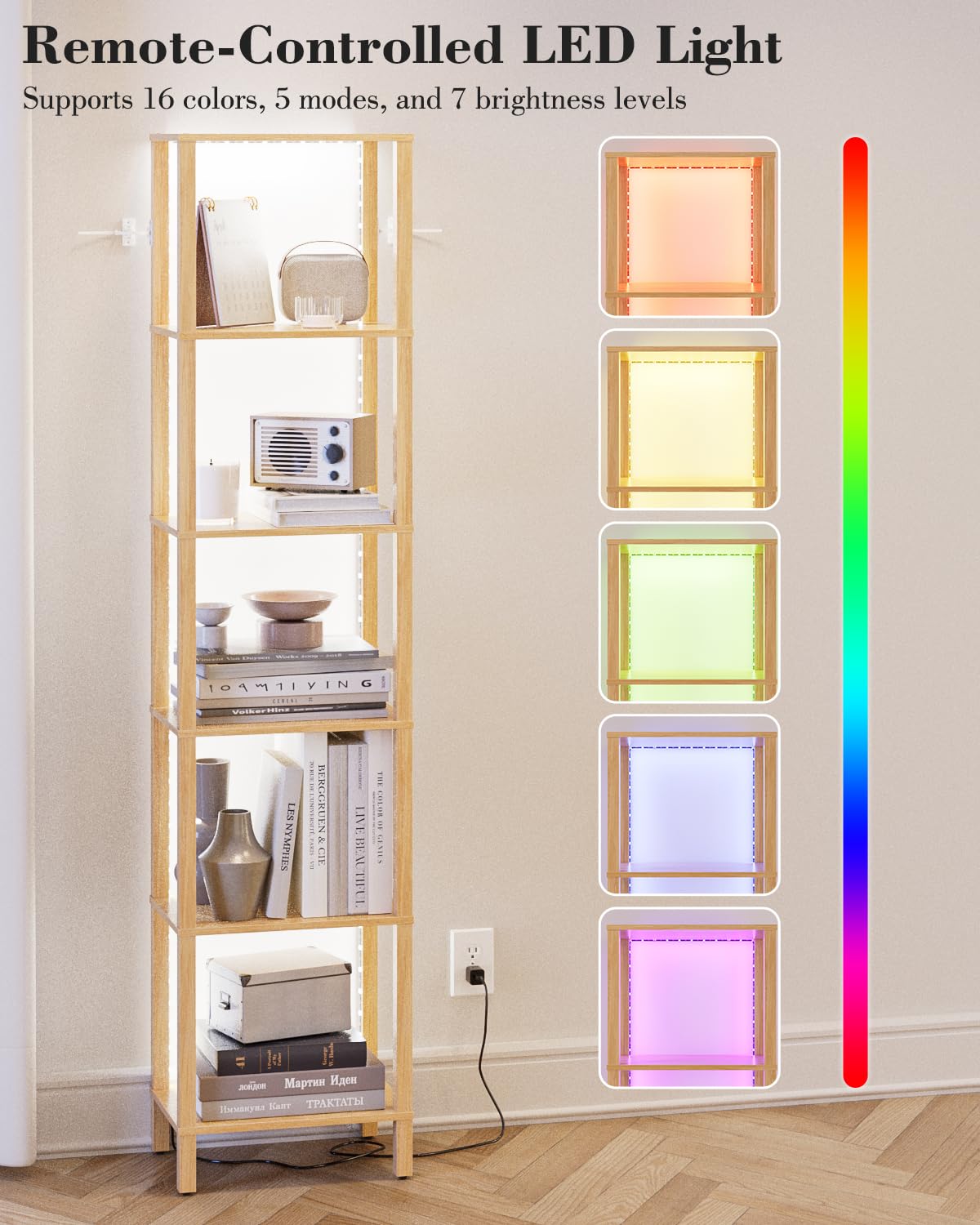 Apetaccat Open Book Shelf with LED Lights, 6 Tier Tall Bookshelf, Freestanding Shelf Narrow Bookcase with Open Shelves, 14.57" x 10.63" x 65.83", Book Shelves for Living Room, Office, Study, Oak