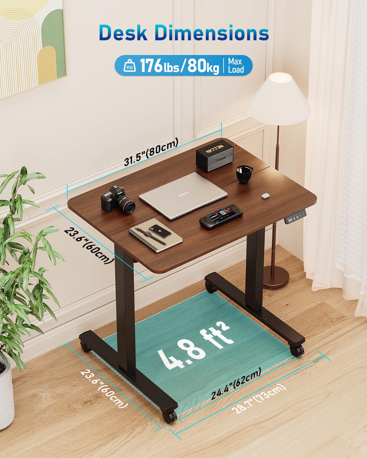 Xyndyx 32" Small Electric Rolling Standing Desk Adjustable Height, Mobile Sit Stand up Desk with Lockable Casters for Home Office & Computer Workstation, Splice Board, 2 Hooks, Black Frame/Walnut Top