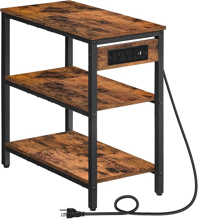 HOOBRO End Table with Charging Station, Simple Rustic Side Table with 3-Tier