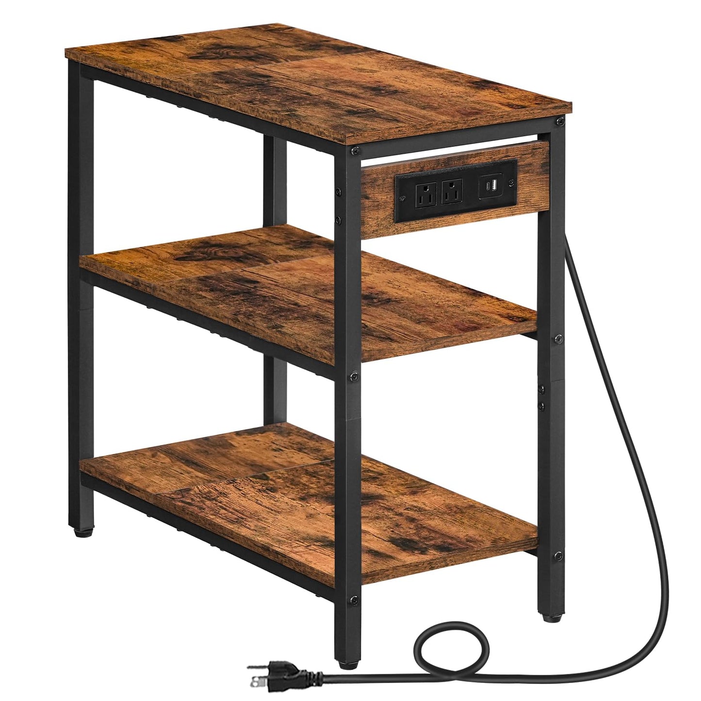 HOOBRO End Table with Charging Station, Side Table with 3 Tier Storage Shelf, Narrow Nightstand for Small Spaces, for Living Room, Bedroom, Easy Assembly, Rustic Brown and Black BF149UBZ01
