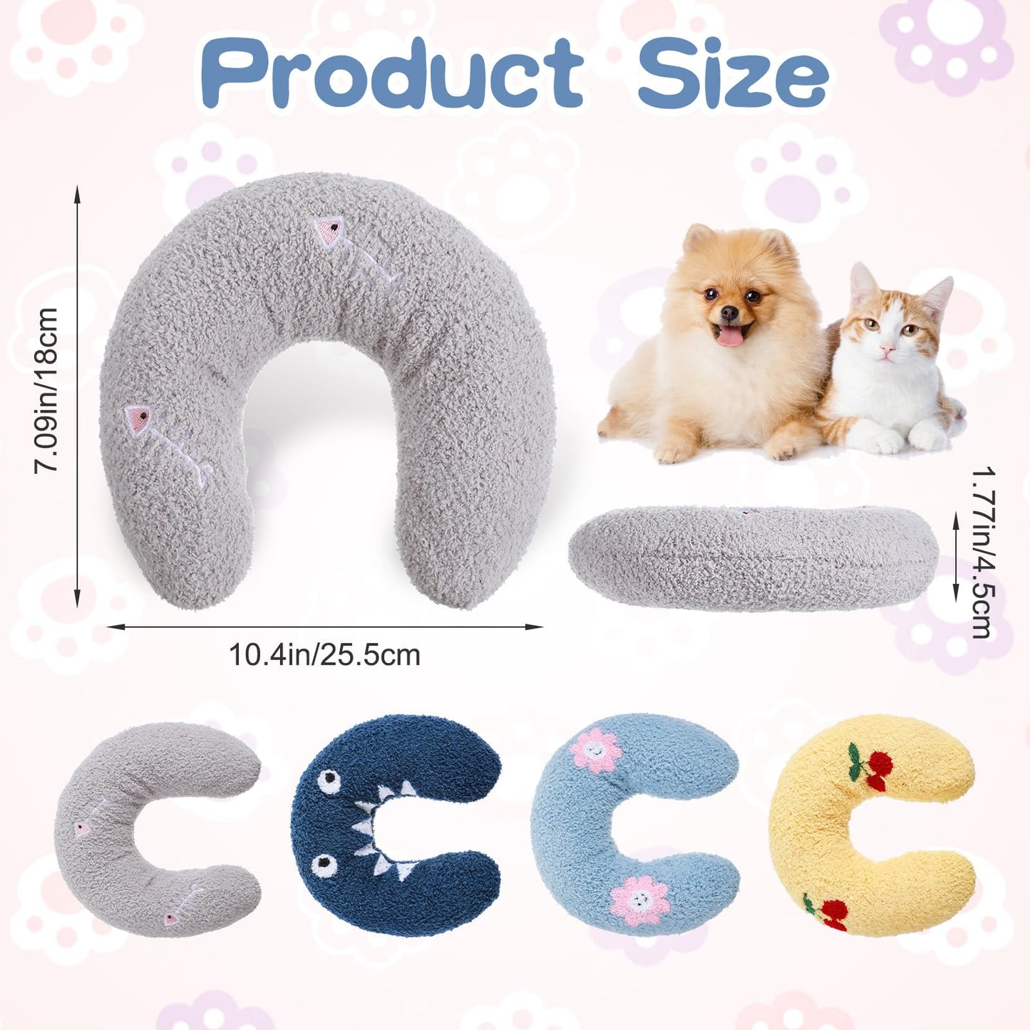 AojSup 4 Pcs Pillows for Cats Puppy Bed, Soft Fluffy Pet Calming Toy, Half Donut U Shaped Pet Neck Pillow, Training Toy Joint Relief Cervical Protection (4 Patterns)