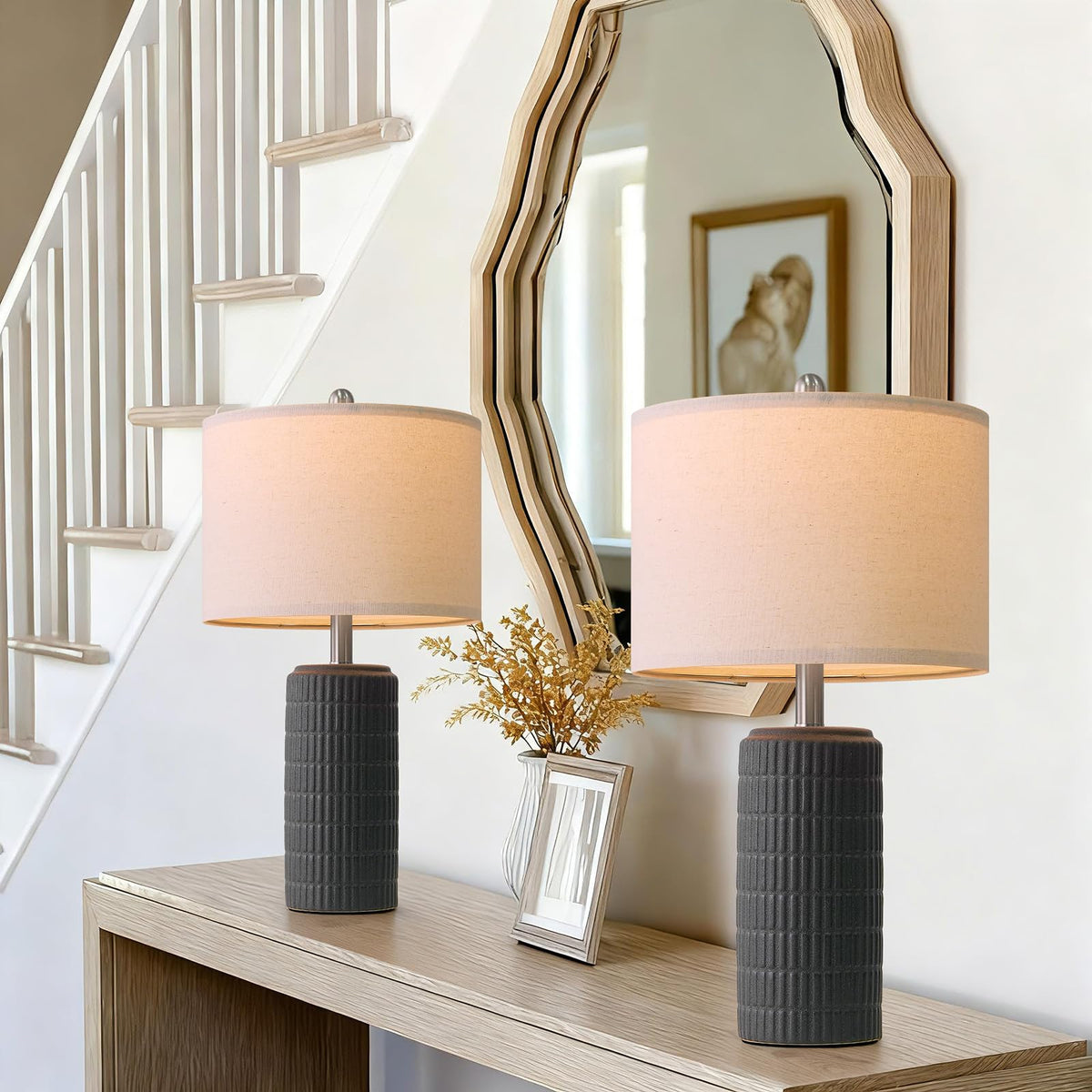 PoKat 23" Matte-Textured Ceramic Table Lamps Set of 2 for Bedroom, Stone-Like Modern Bedside Lamps for Night Stands, Farmhouse Nightstand Table Lamps Decor for Living Room End Table Black