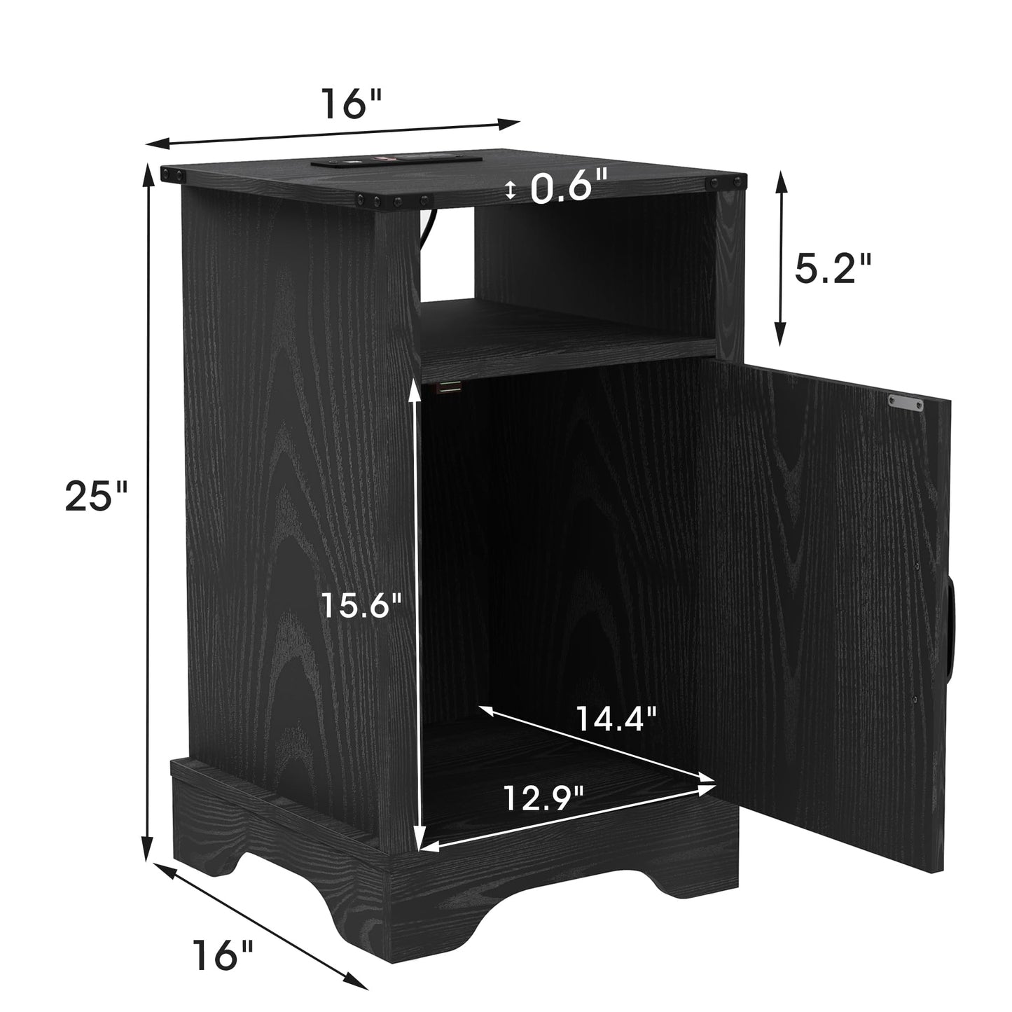 RoyalCraft Farmhouse Nightstand Set of 2, End Table with Charging Station, Tall Bedside Table with Large Storage and Shelf, Wooden Side Table with for Bedroom, Home Office, Black