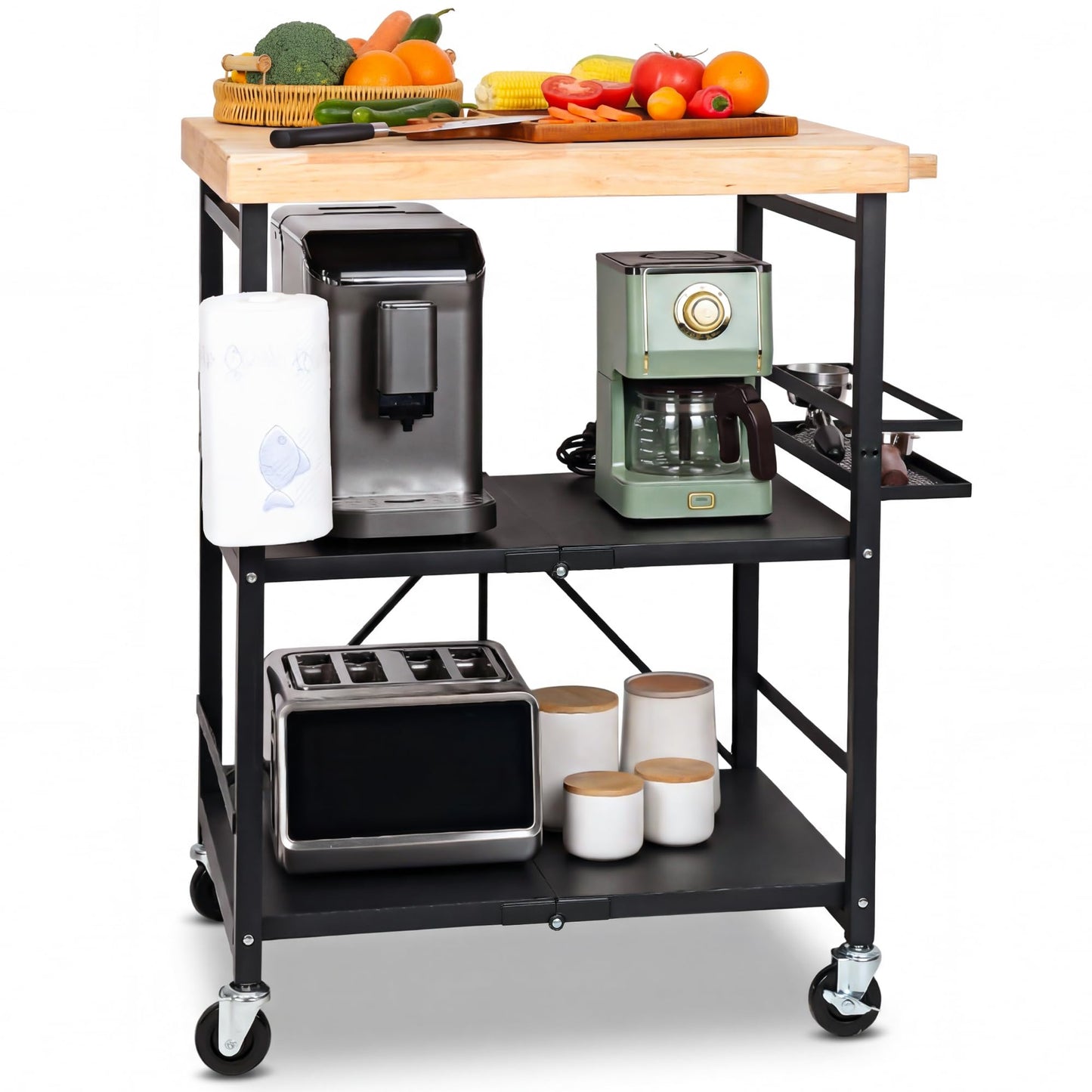 PLKOW Foldable Kitchen Cart with Solild Oak Wood Top, Rolling Kitchen Island on Wheels, 3-Tier Storage Utility Cart for Microwave, Toaster Oven, Small Spaces