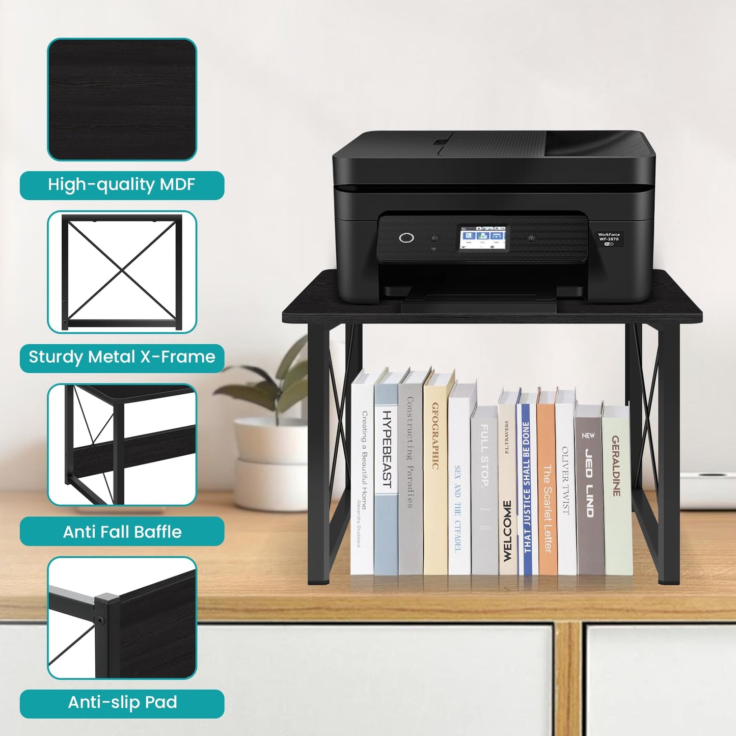 ELITEROO Desktop Printer Stand With Storage, Table Stand Small Desk Shelves Organizer for Home/Office, Multi-Purpose Heavy Duty Riser for Fax Machine Copier Scanner (Black)
