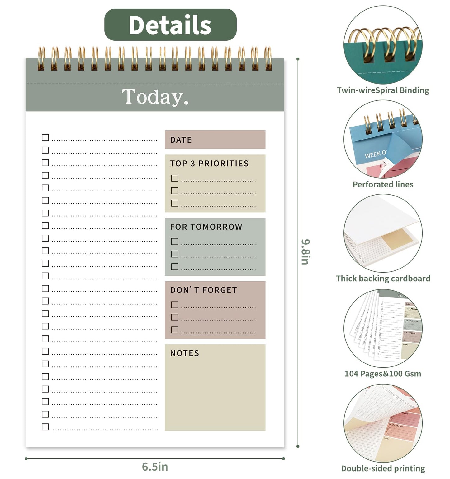104 Pgs To Do List Notepad, 52 Undated Sheets Duplex-printed Daily Planner For Work Home School Office Desk Accessories Supplies & Goal Setting Tasks -Green