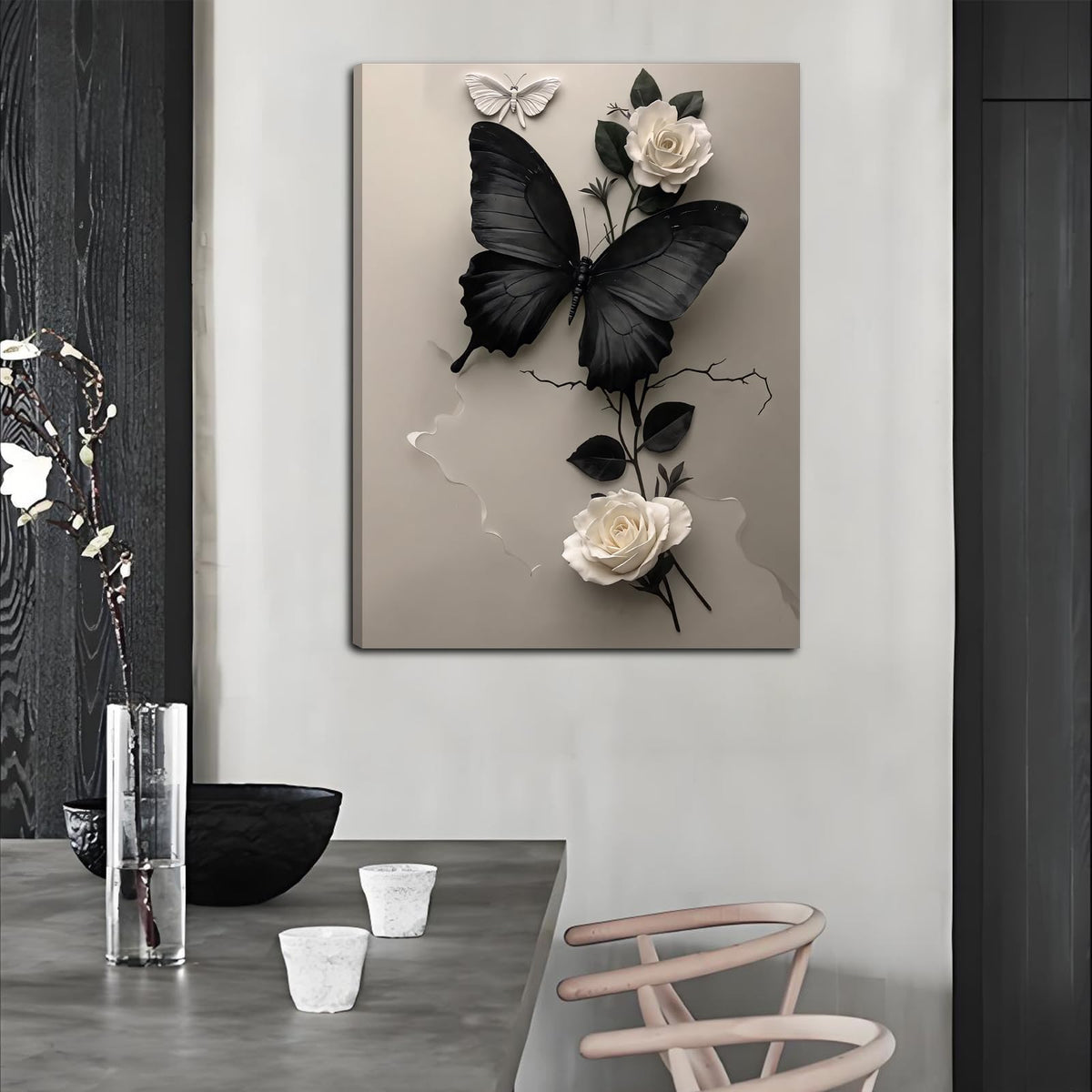 Black Butterfly and White Flower Canvas Wall Art Plant Abstract Texture Picture Butterfly Poster Print Minimalist Painting Decoration For Living Room Bathroom Dining Room Office (12 * 16in Framed)