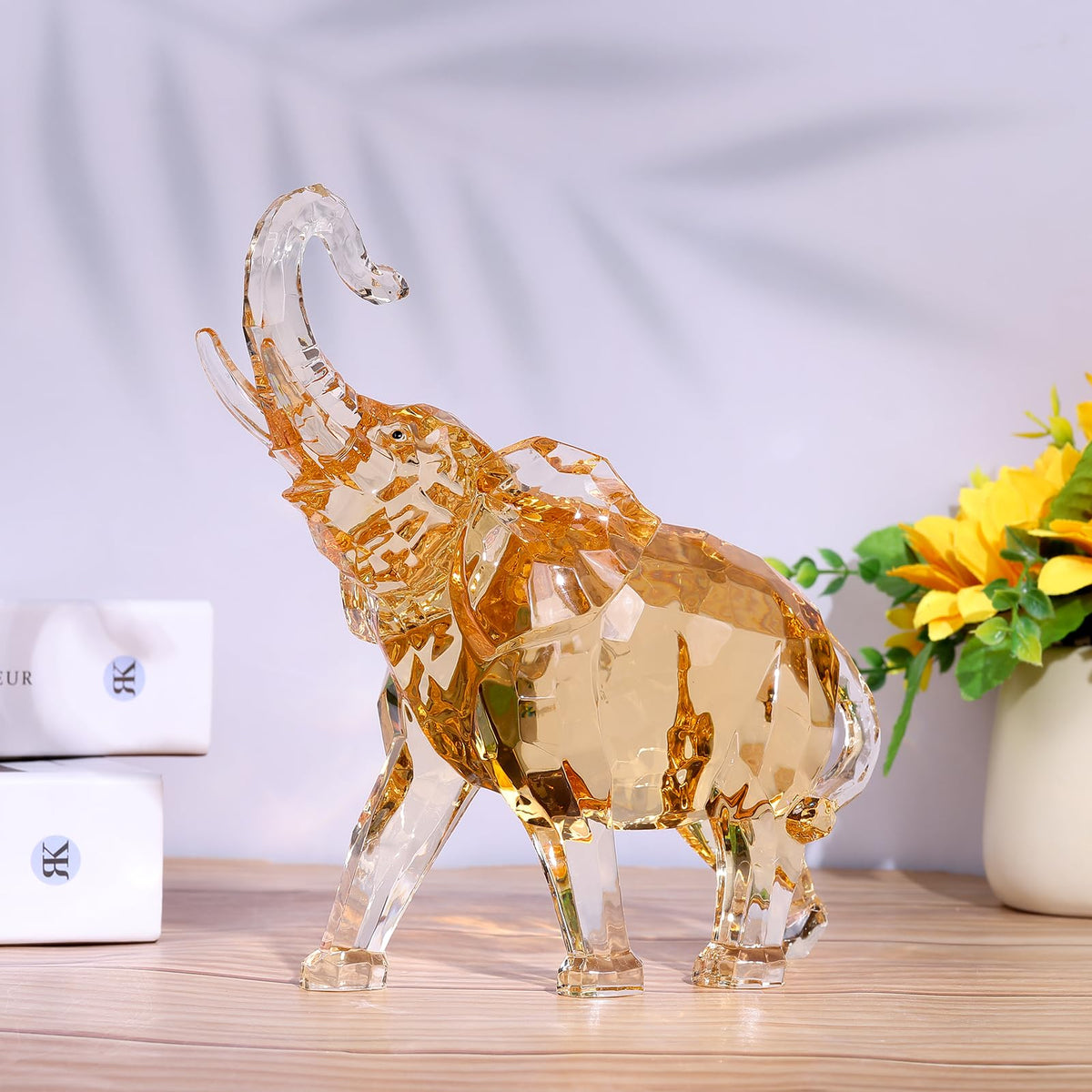 Acrylic Clear Elephant Figurines Crystal Glass Finish, High End African Statues for Home Decor, Elephants with Trunk up, Large Elephants Statue Sculpture,Office Feng Shui Lucky Elephant Gifts