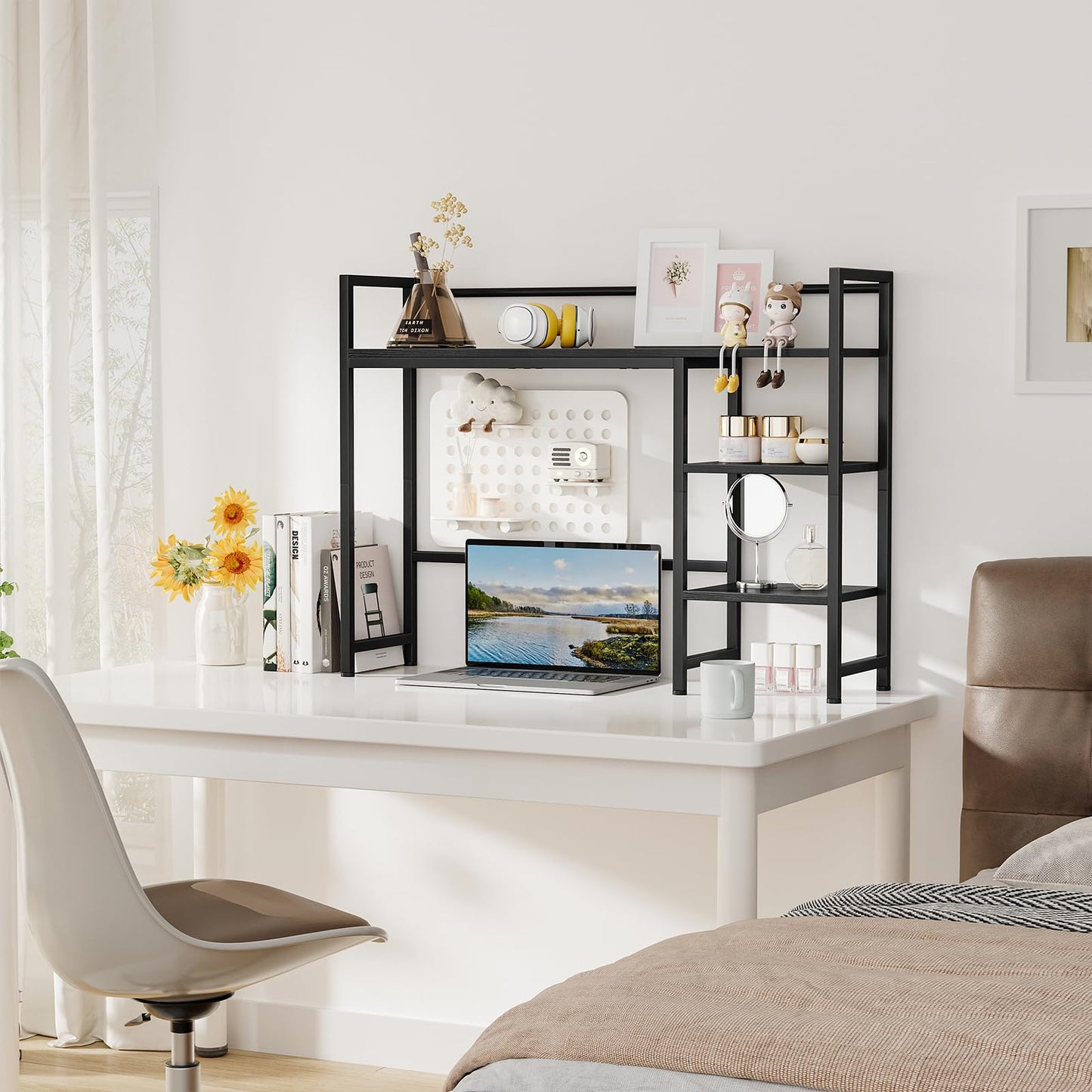 Snughome Desk Shelf, 38.6" Desk Hutch for Computer Monitor, Desktop Organizer Shelf, 4 Tier Desk Display Rack, Wood Desktop Bookshelf Storage Rack for Home Office Dorm, Black