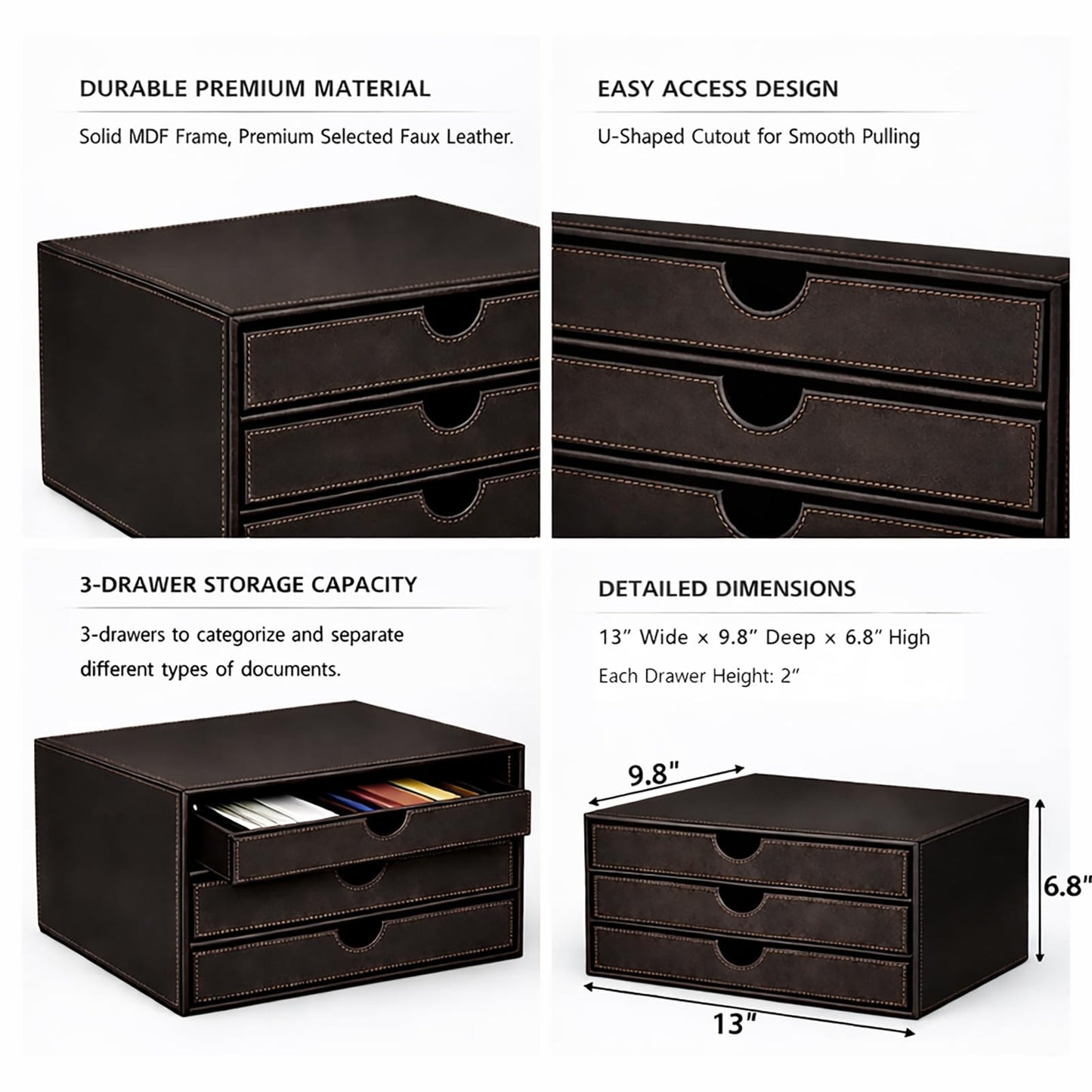 UnionBasic Leather Desktop Drawer Organizer, File Cabinet Magazine Document Holder, Office Supplies Desk Storage Organizer Box, 3 Drawer, Coffee