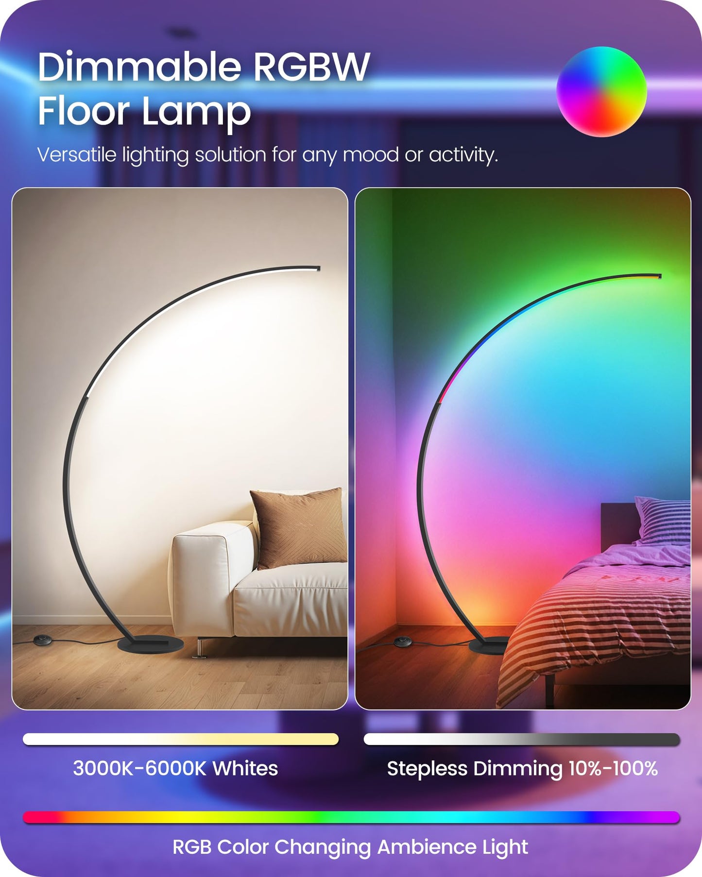 Dimmable Arc Floor Lamp and RGBW LED Floor Lamp Bundle B62LD05-RB62LD05