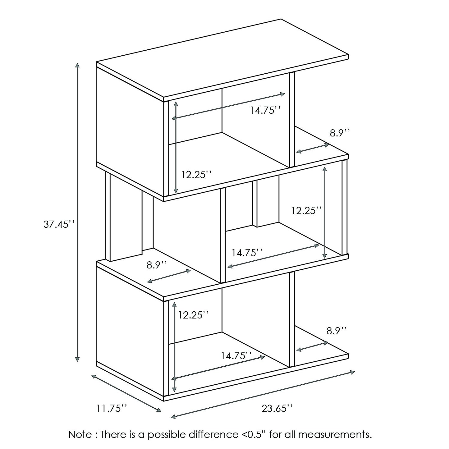 Furinno SIMPLY Book Shelf, 3-Tier Geometric Bookshelf, S-Shape Bookcase with Open Shelf, 11.8" x 23.6" x 37.3", for Organization and Storage, for Living Reoom, Bedroom, Home Office, Espresso