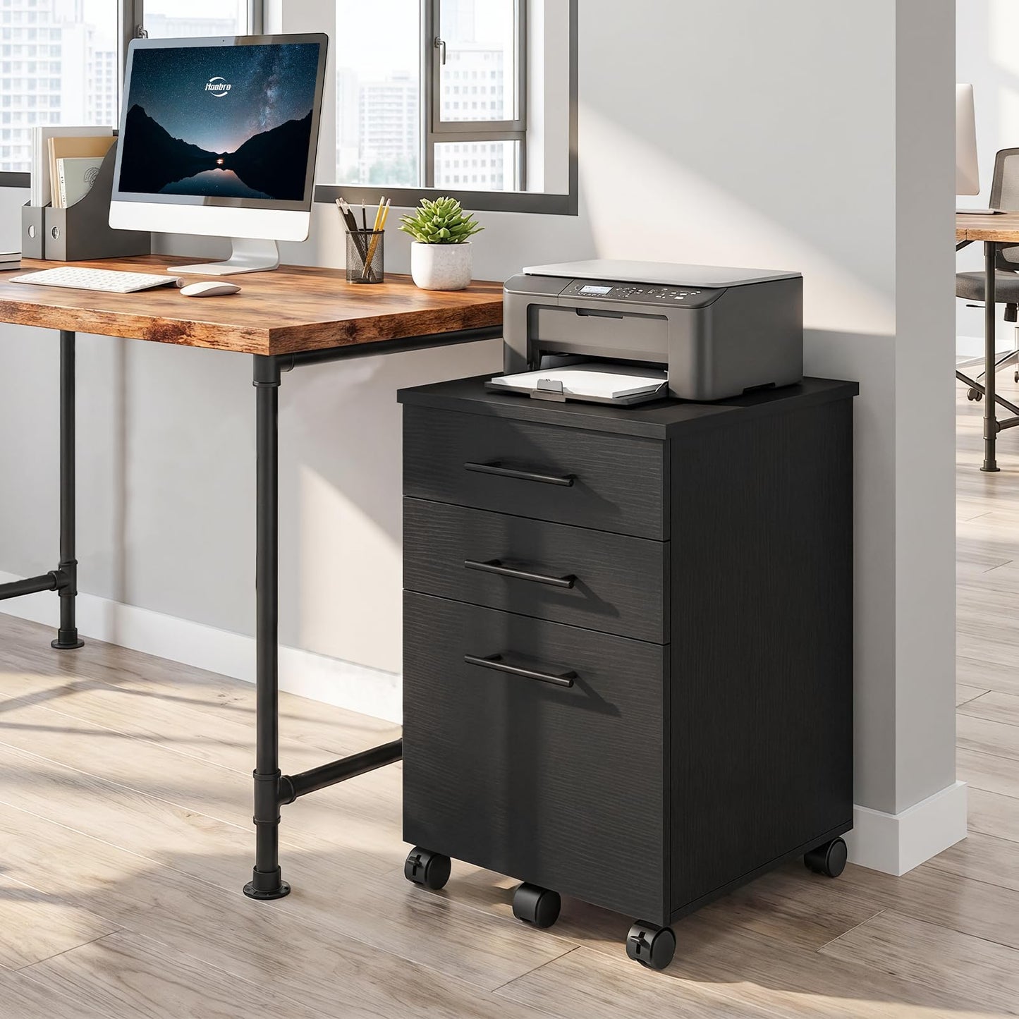HOOBRO 3-Drawer File Cabinet, Wooden Under Desk Filing Cabinet, fits A4/Letter Size for Home Office, Small Rolling Storage Drawer Chest, Printer Stand with Drawers, Black BK02WJ01G1