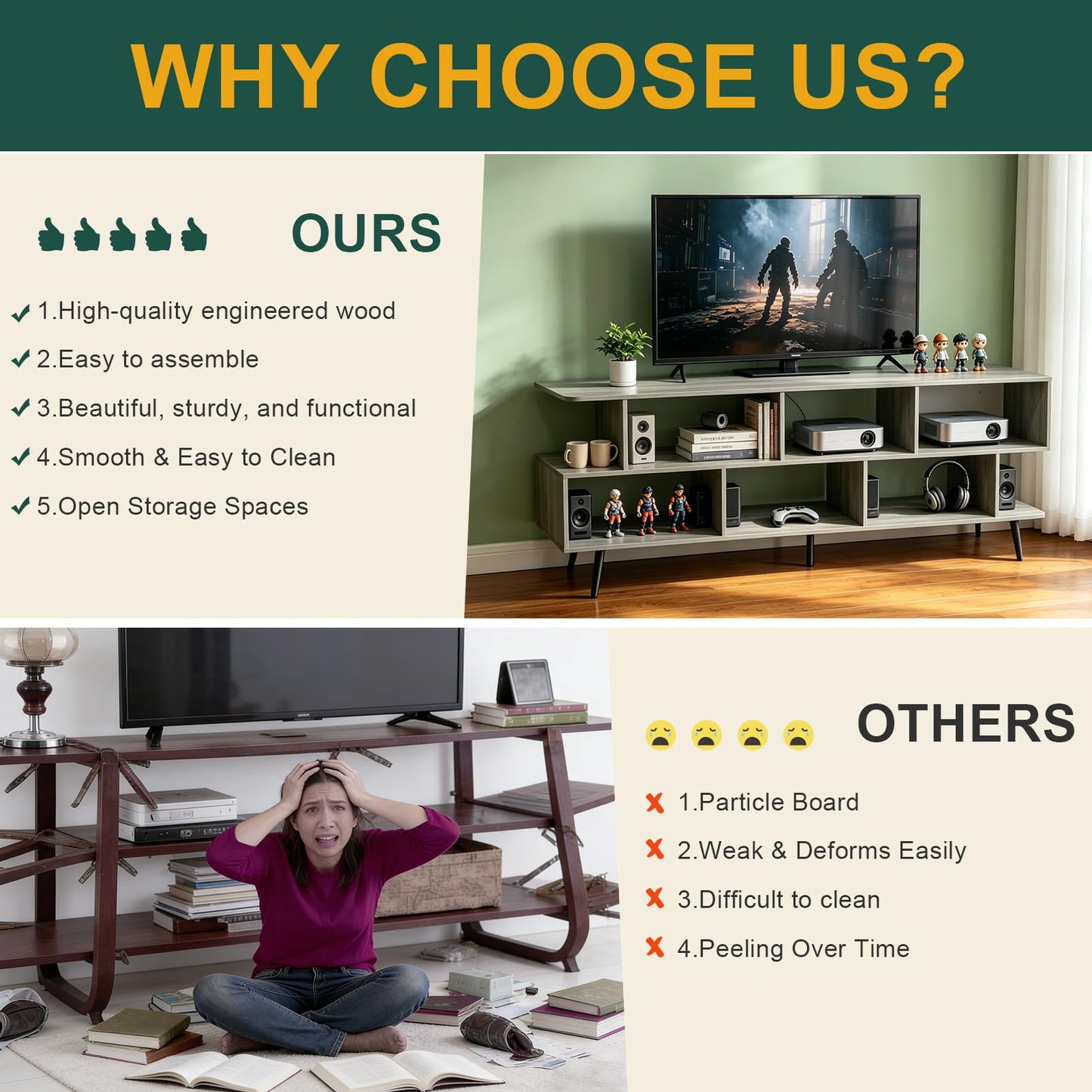 ACOHOOK 65" American Walnut TV Stand with Power Outlet,Large Media Console Table for TVs up to 75" with 8 Open Shelves,Entertainment Center for Living Room/Entrance/Kitchen/Sofa Cabinet,Easy Assembly