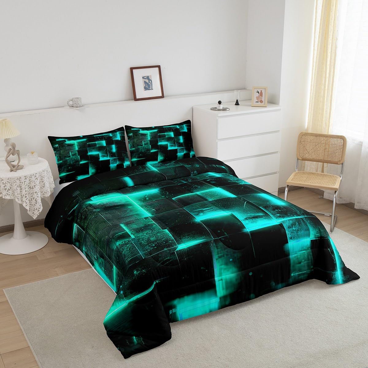 Erosebridal Black and Teal Comforter Set Twin Modern Abstract Twin Bedding, 3D Glowing Plaid Bedding Comforter Sets Gradient Grid Duvet, Neon Square Quilted Comforter 2pcs (Black Reversible)