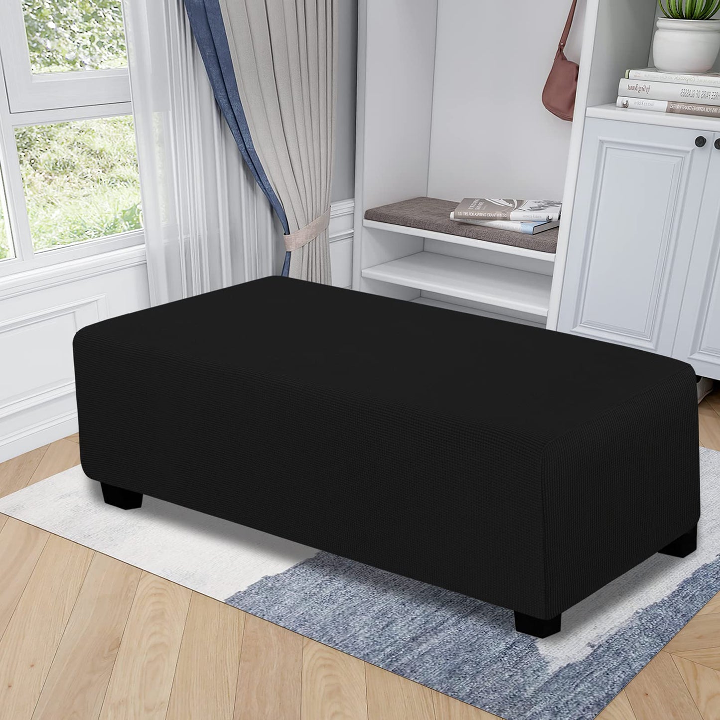 Easy-Going Stretch Ottoman Cover Folding Storage Stool Furniture Protector Soft Rectangle slipcover with Elastic Bottom (XX-Large, Black)