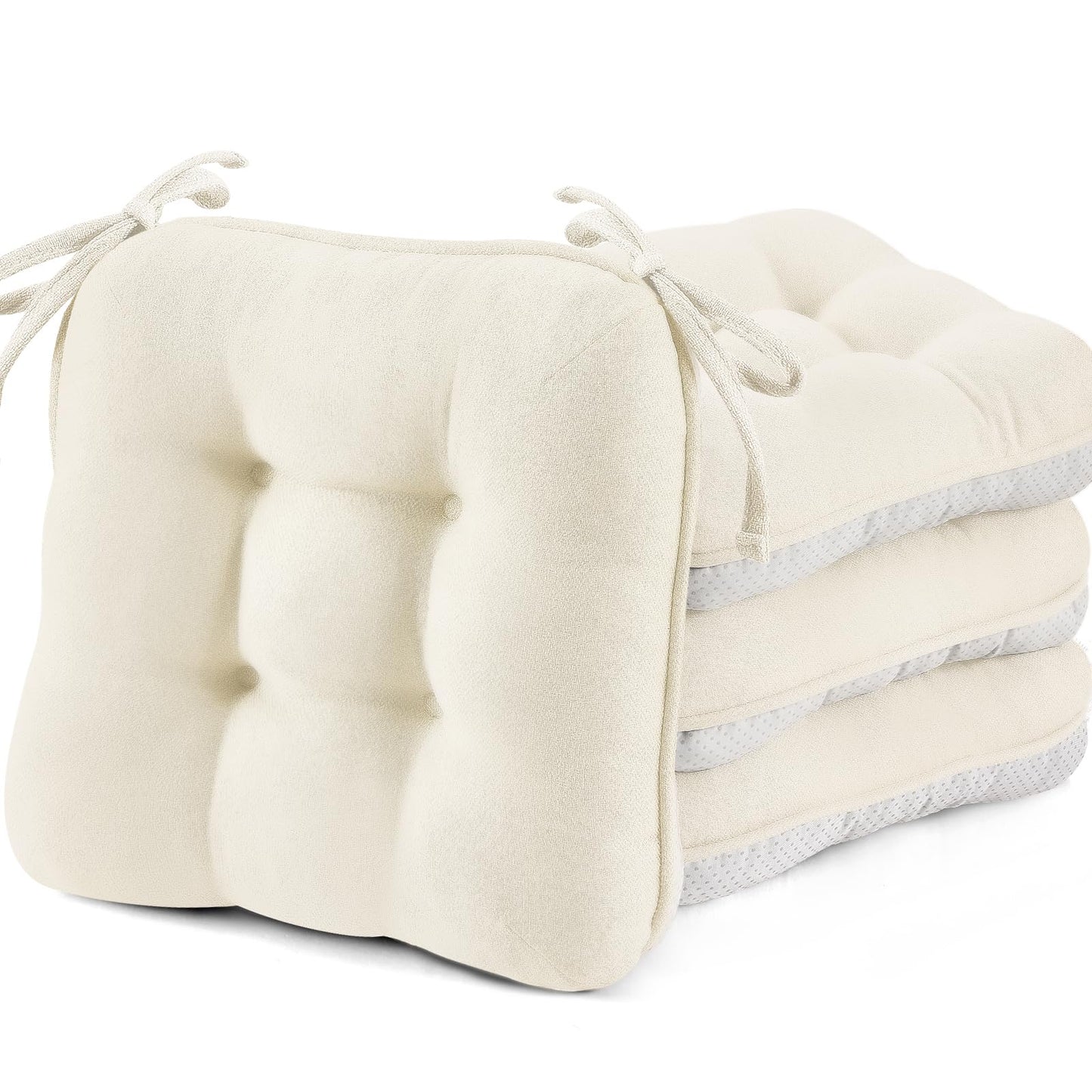 BETU White Chair Cushions for Dining Chairs Set of 4,3.5" Thick Kitchen Table Chair Pads with Ties,Non Slip Backing and Covers, Seat Cushion for Dining Room,Bar,Patio Chairs,15.5"X15.5"X3.5",White