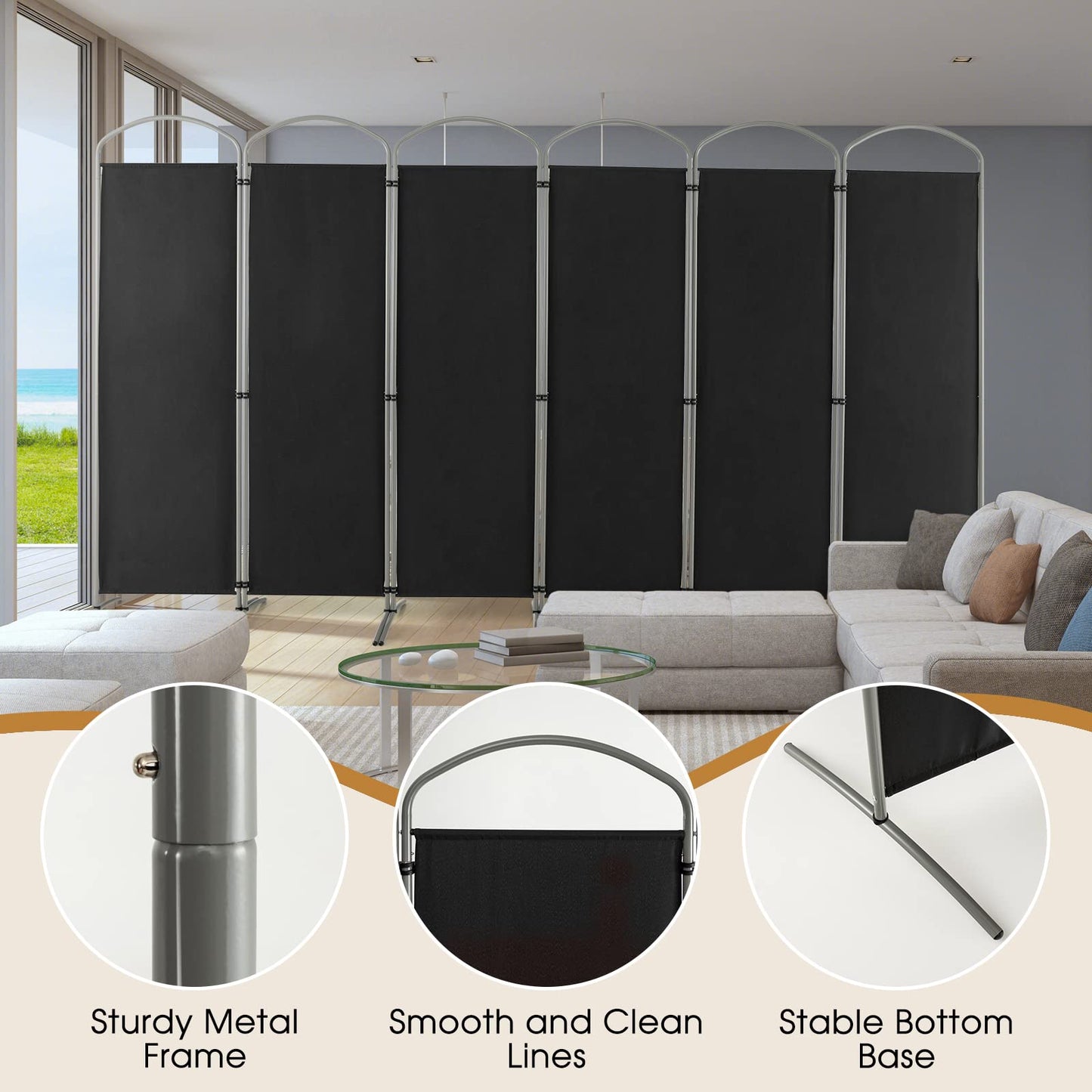 Giantex 6.2Ft Folding 6-Panel Room Divider Black- 130" Wide Freestanding Foldable Fabric Privacy Screen, Lightweight Portable Partition Wall Divider and Separator for Home Office, Apartment, Studio