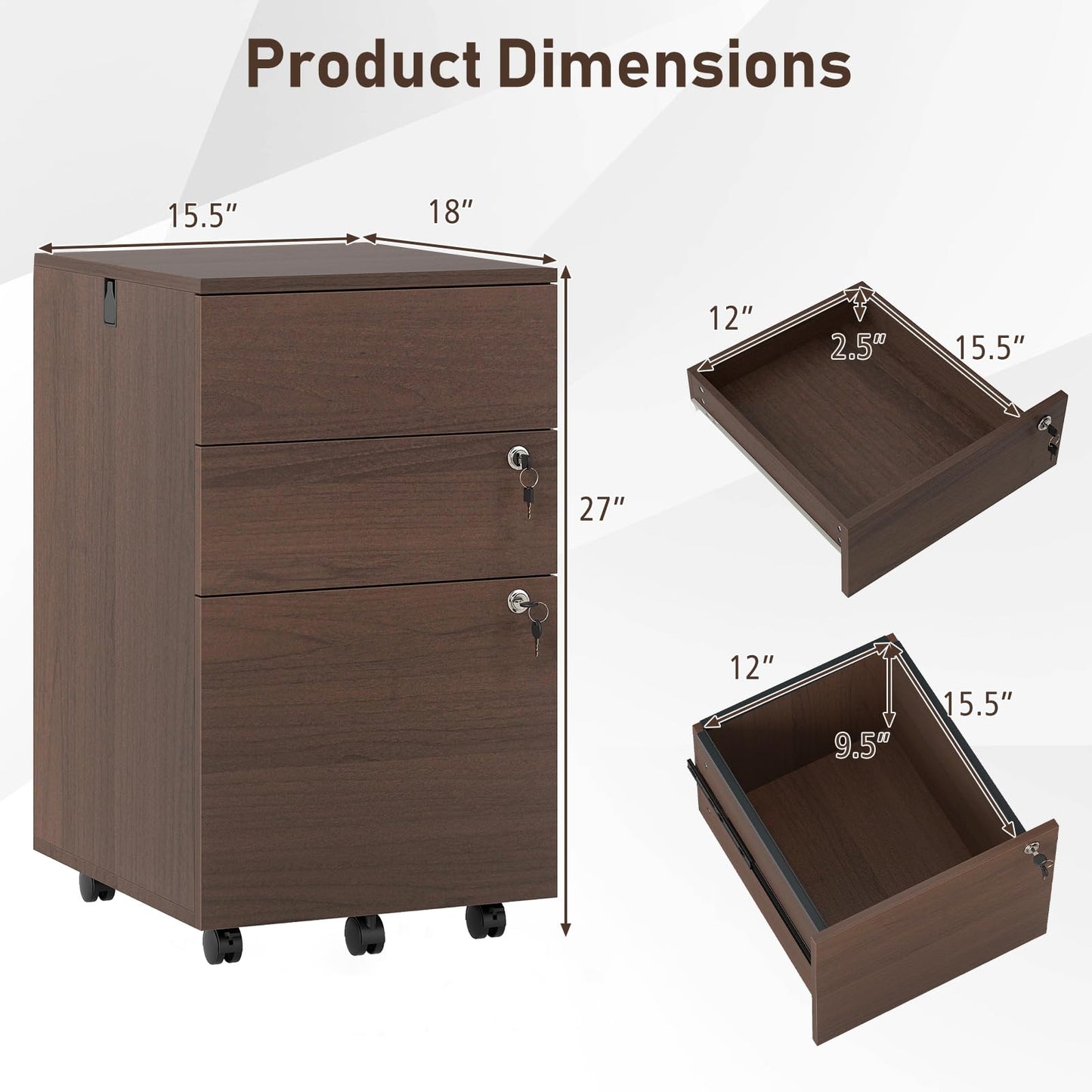 Giantex 3-Drawer File Cabinet with Lock, 27-Inches Storage Cabinet with 2 Side Hooks, Mobile Printer Stand, Wheels, 4 Keys, Vertical Filing Organizer fits Letter/A4 Size for Home Office (Brown)