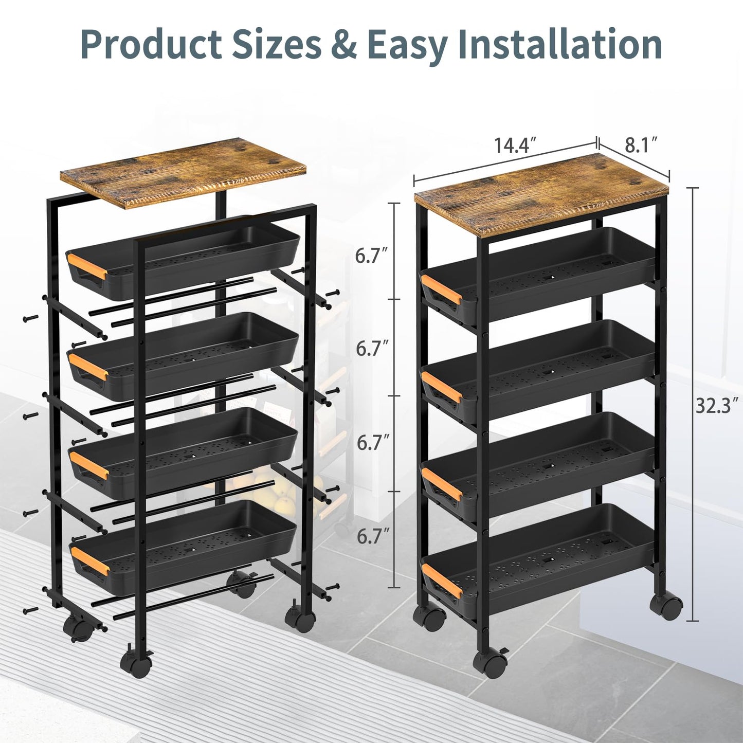 SHAJOPH 5 Tier Slim Rolling Utility Cart with Drawers Pull-Out Design Slim Storage Cart with Metal Frame and Wooden Top for Narrow Space in Home Kitchen Bathroom Black (Width 8.1 Inches)