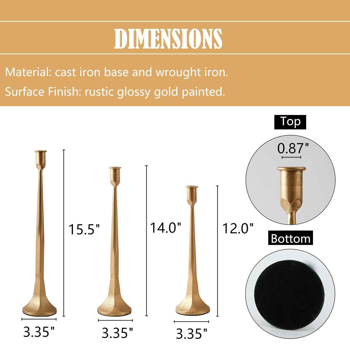 Denique Iron Taper Candle Holder Set of 3, Gold Candlestick Holders Decorative Candle Stand, Tapered Candle Holders Tall Set for Wedding, Dining Table, Home Decoration (Gold)