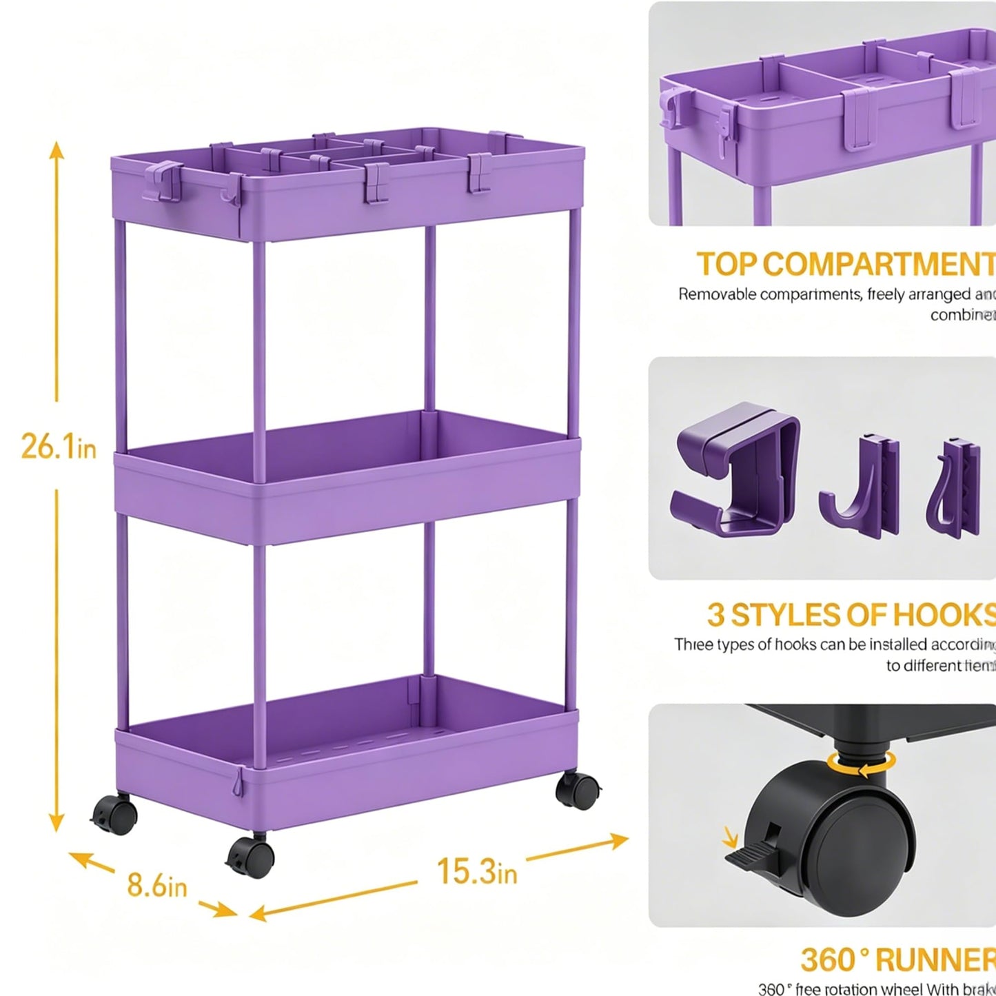 SPACELEAD Slim Storage Cart 3 Tier,Bathroom Organizer Rolling Utility,Mobile Shelving Unit Slide Out for Office, Kitchen, Laundry Room & Narrow Places,Purple
