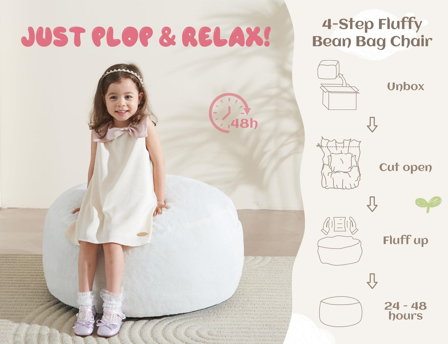 WSOFRLAC 2.5FT Bean Bag Chair, Cute Comfy Bean Bag Chairs for Kids, Luxury Velvet Stuffing Bags Chairs with Memory Foam Filling, Soft Beanbag Chair Cover Washable, Living Room Bedroom, Cream White