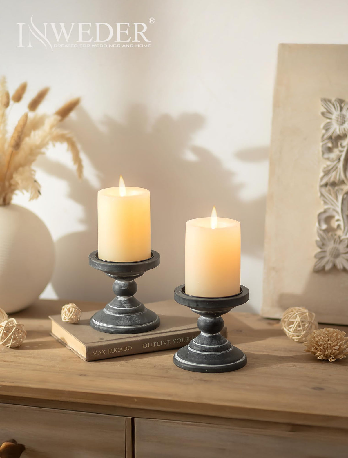 Inweder Wood Pillar Candle Holder: 2Pcs Rustic Black Candle Holders for Pillar Candles Wood Candle Holders Distressed Wooden Farmhouse Candle Holder Large Rustic Candle Holder for Fireplace Table