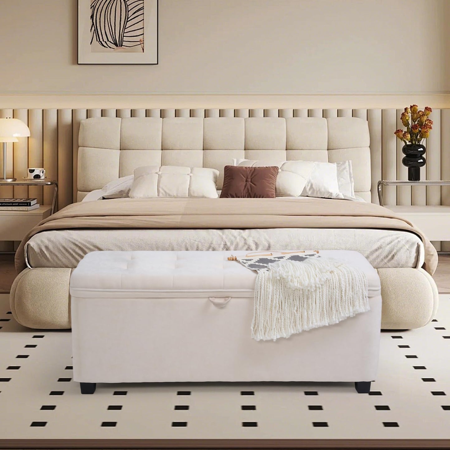 2BYF 45" Storage Ottoman Bench, Tufted Ottoman with Storage for Living Room, Large End of Bed Ottomans, Modern Entryway Benchs, Window & Bedroom Benches for Foot of Bed (Ivory)