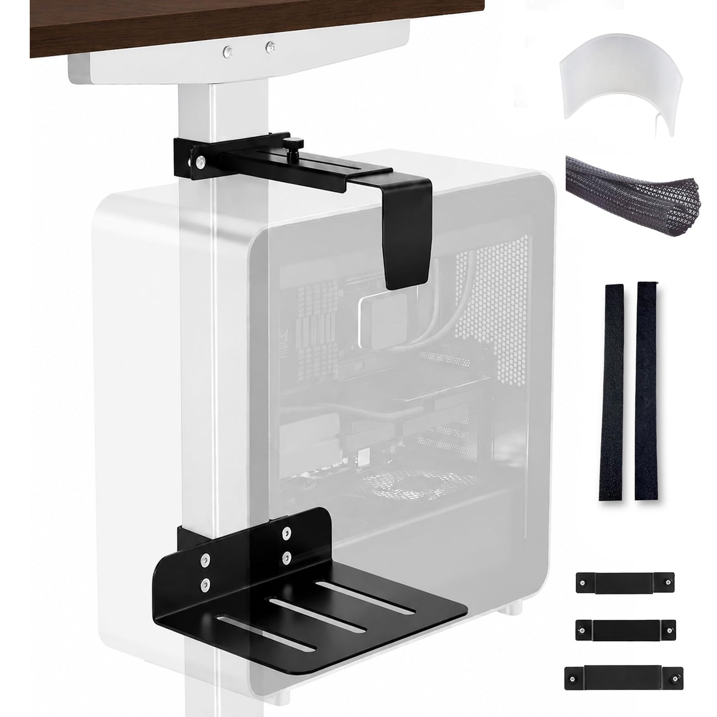 DEHAGLOBAL Clamp Mount Under Desk Pc Mount, Adjustable Height and Width No Drilling 50 lb Capacity with Non-Slip Pads & Cable Organizer for Standing Desk (Black, 75mmx45mm)