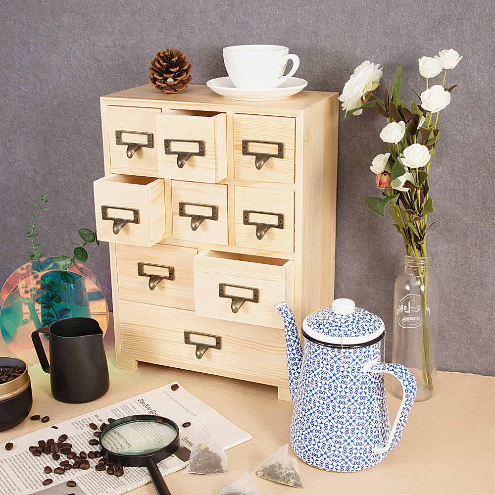 PACKGILO Apothecary Cabinet with 9 Drawers & Labels Rustic Library Card Catalog Cabinet Desktop Wooden Storage Box for Organize Herbal、Tea Bag、Jewelry (Wood)