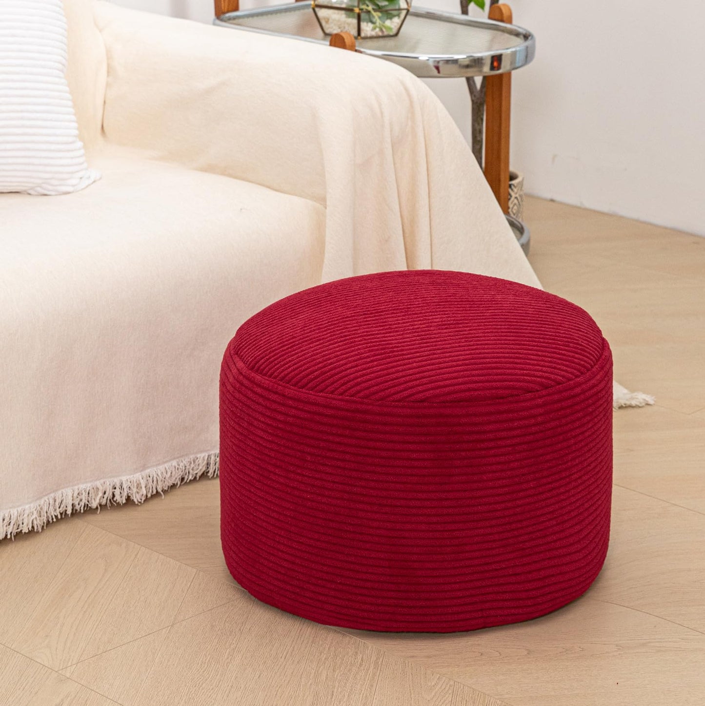 Round Pouf Ottoman 20 x 20 x 14 Inches Boho Poof Home Decor Floor Pouffe Ottoman Foot Rest for Couch Sofa Bean Bag Chairs Living Room Bedroom (Burgundy)