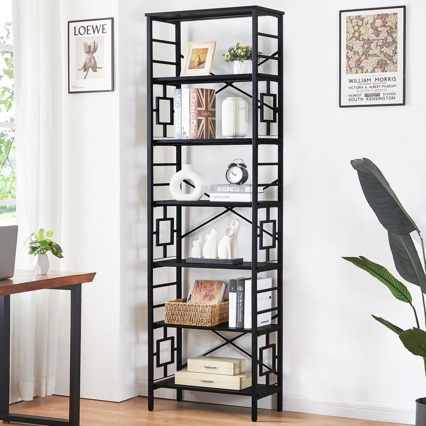 HOMISSUE Tall Bookshelf, 84 Inch Industrial Bookshelf with Metal Frame and Open Shelves, 7 Tier Metal Bookshelves and Bookcases, Rustic Tall Book Shelf for Office, Living Room and Bedroom, Black