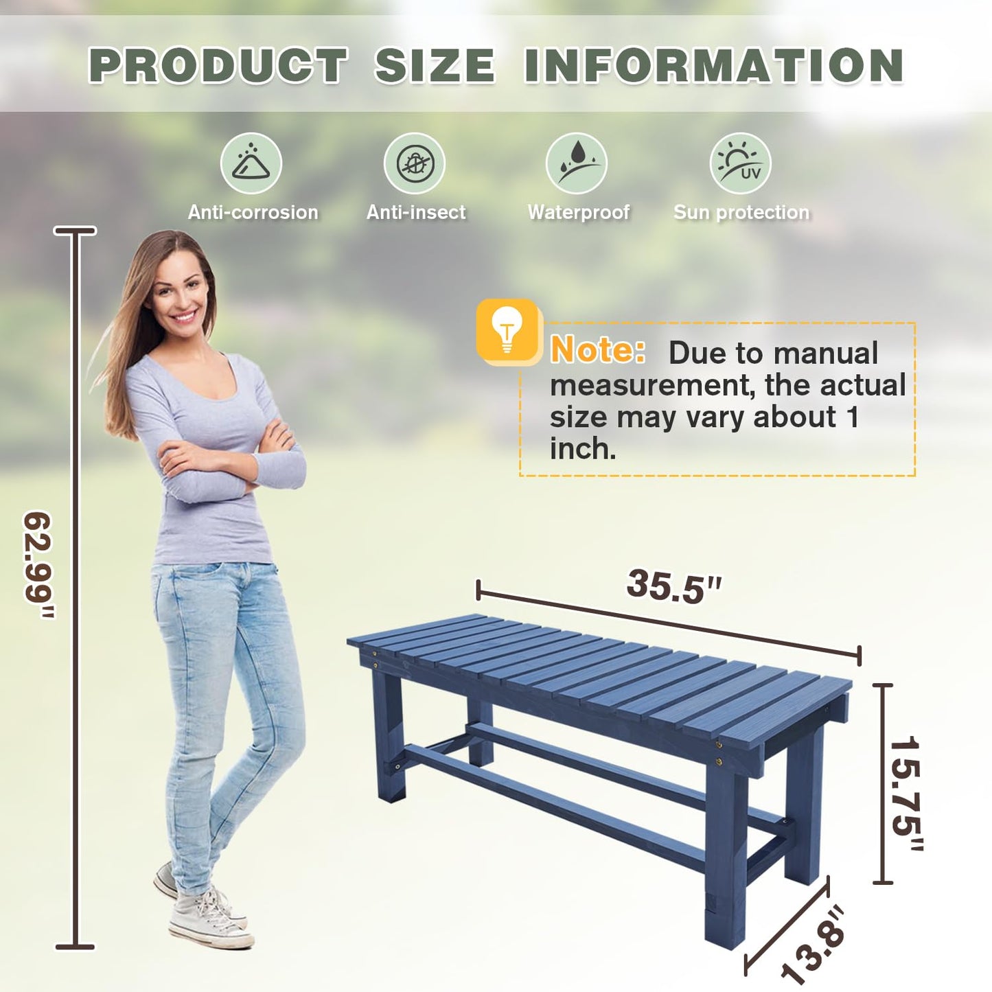 Outdoor Garden Wood Bench, 2-Person Weatherproof Wooden Bench Park Narrow Bench, Never Rot or Fade Waterproof Backless Bench for Entryway, Outdoor, Patio, Porch, Backyard and Park (Blue, 35.5''/90cm)