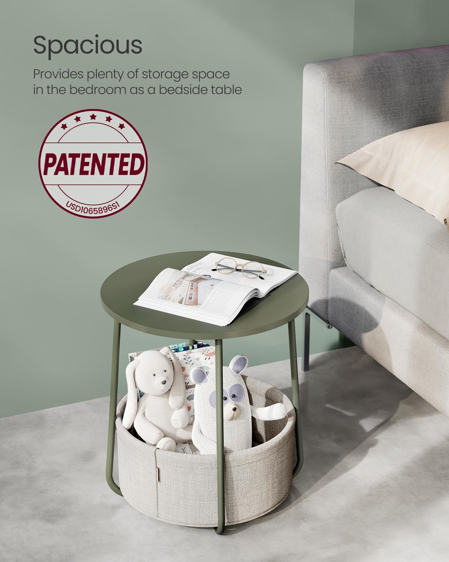 VASAGLE LILEA Collection - Small Round Side End Table, Modern Nightstand with Fabric Basket, Forest Green and Cream White ULET223C80